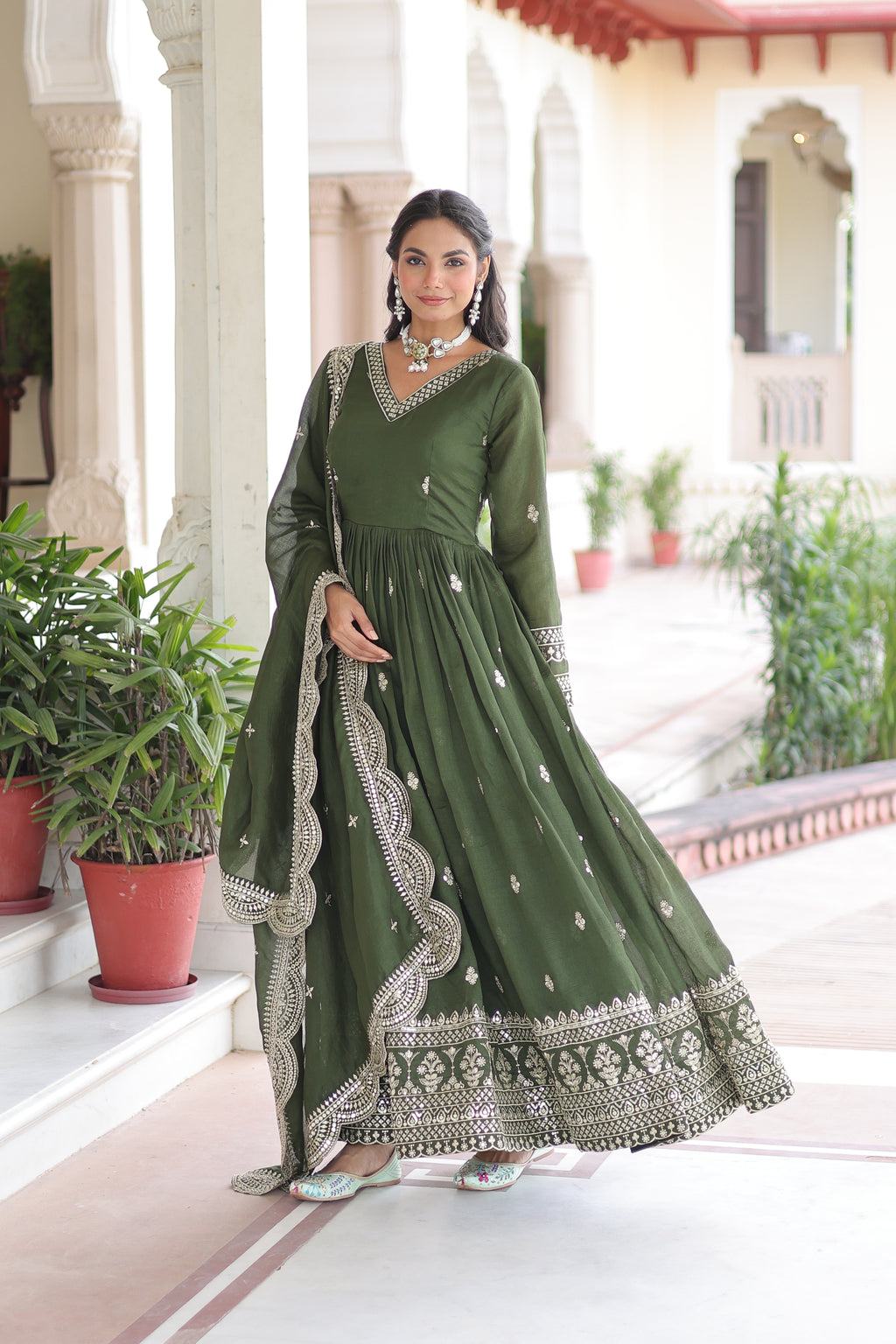 Sivi Green Vichitra Silk Sequins Zari Embroidered Work Gown With Dupatta