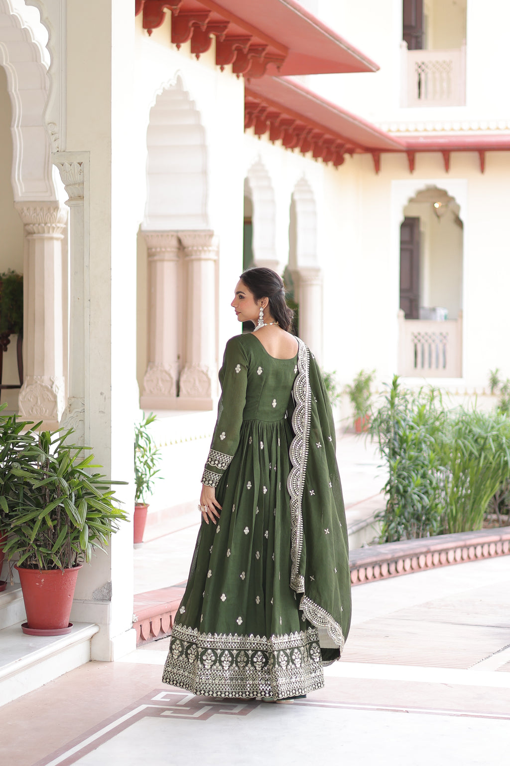 Sivi Green Vichitra Silk Sequins Zari Embroidered Work Gown With Dupatta