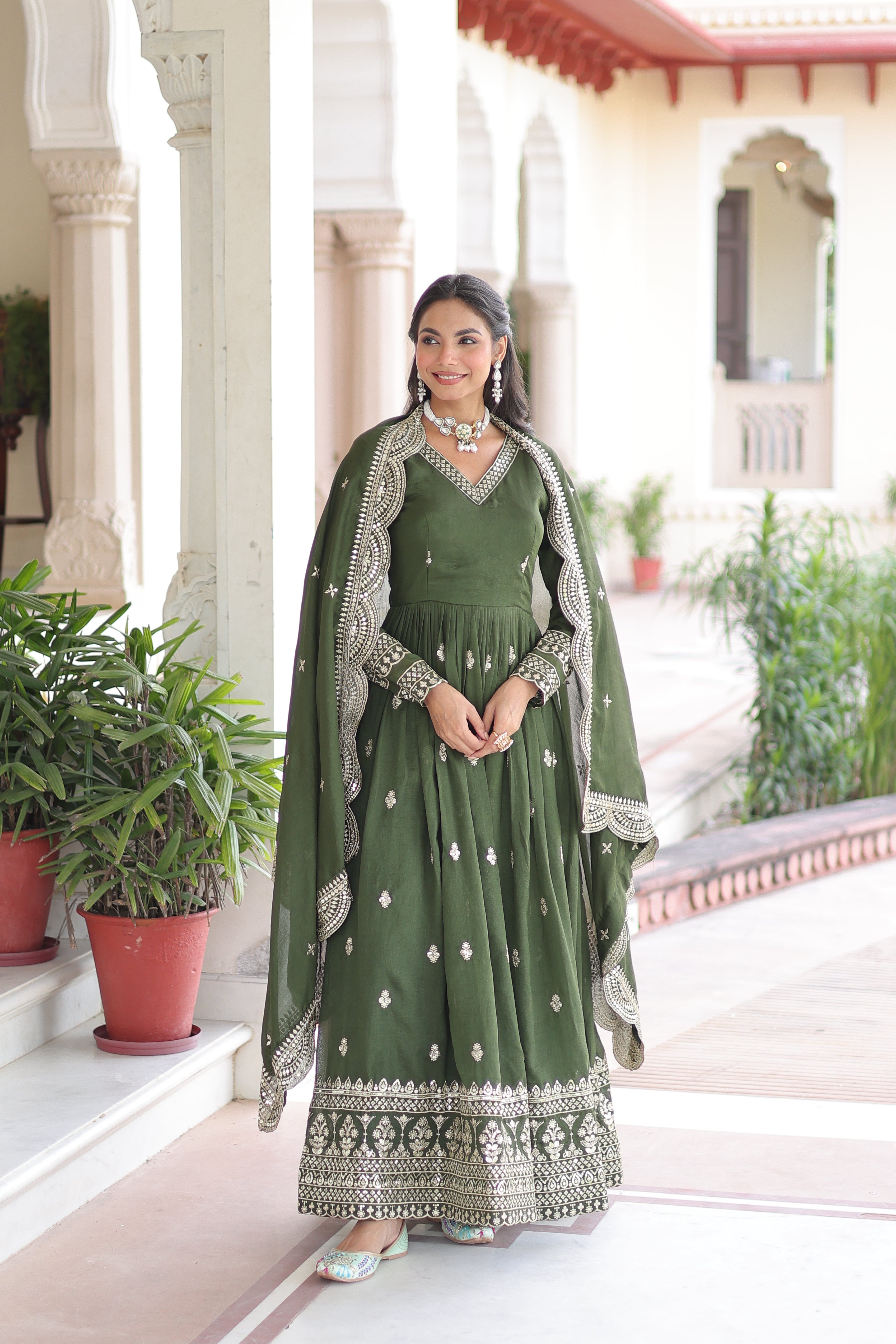 Sivi Green Vichitra Silk Sequins Zari Embroidered Work Gown With Dupatta