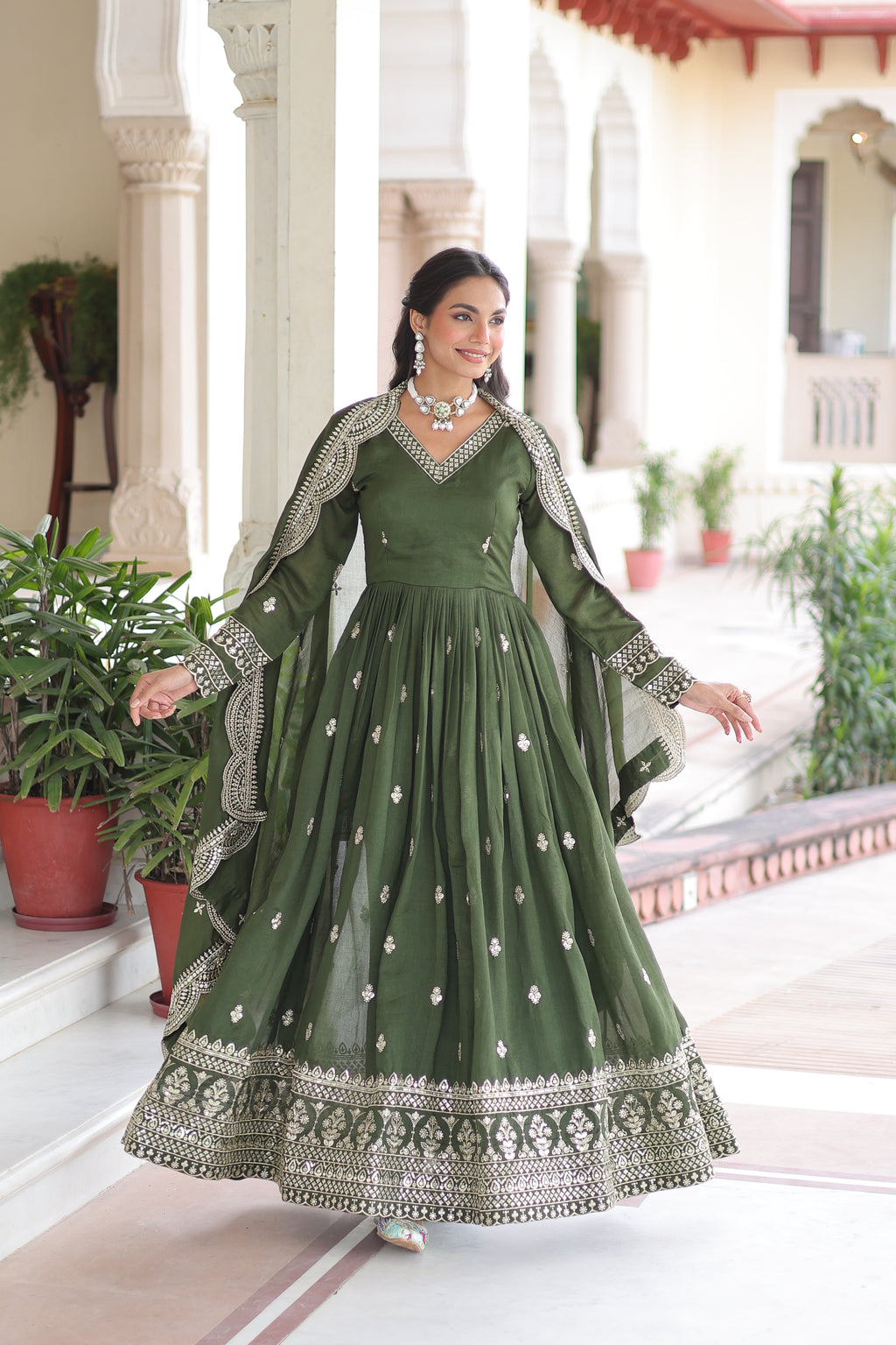 Sivi Green Vichitra Silk Sequins Zari Embroidered Work Gown With Dupatta