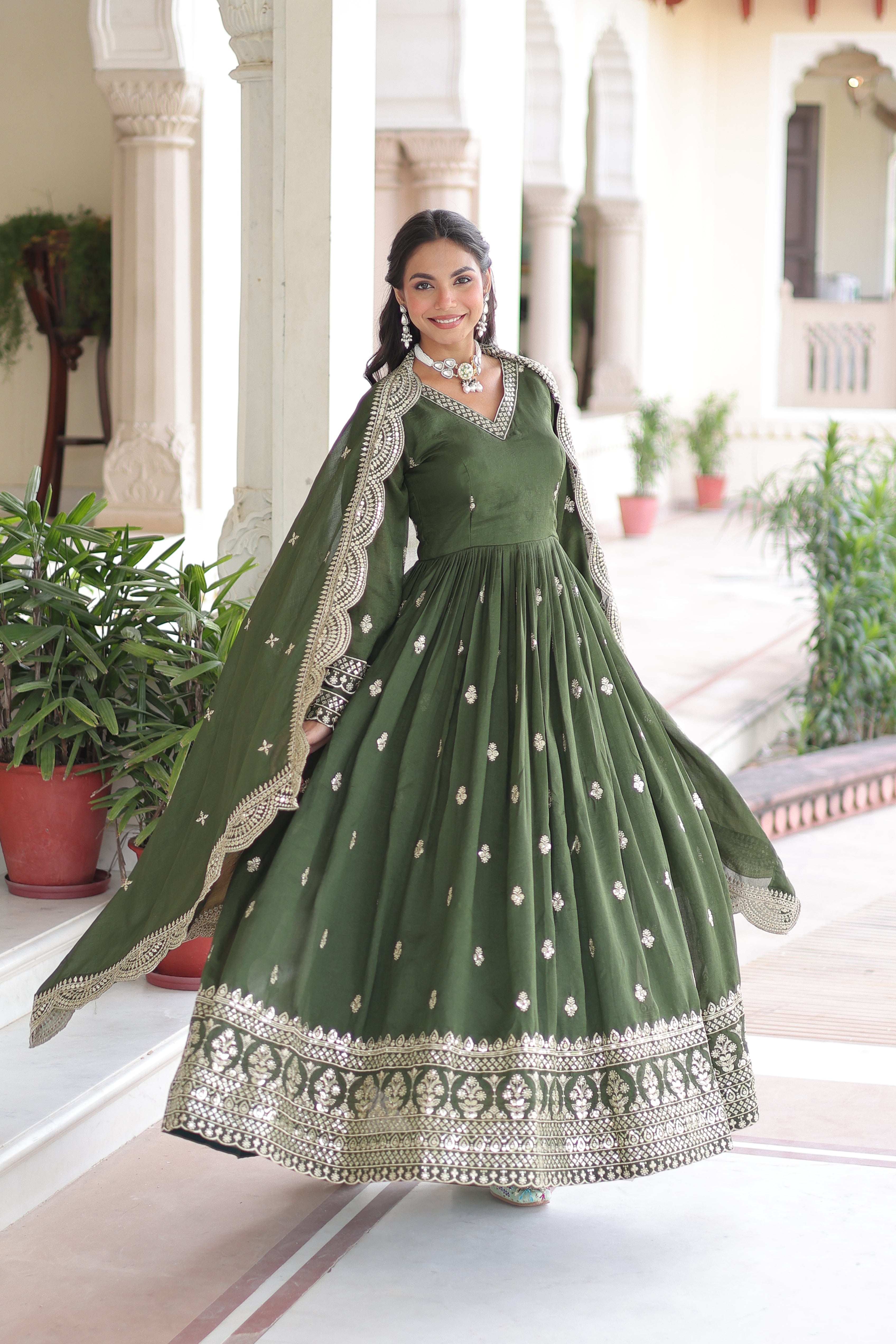 Sivi Green Vichitra Silk Sequins Zari Embroidered Work Gown With Dupatta