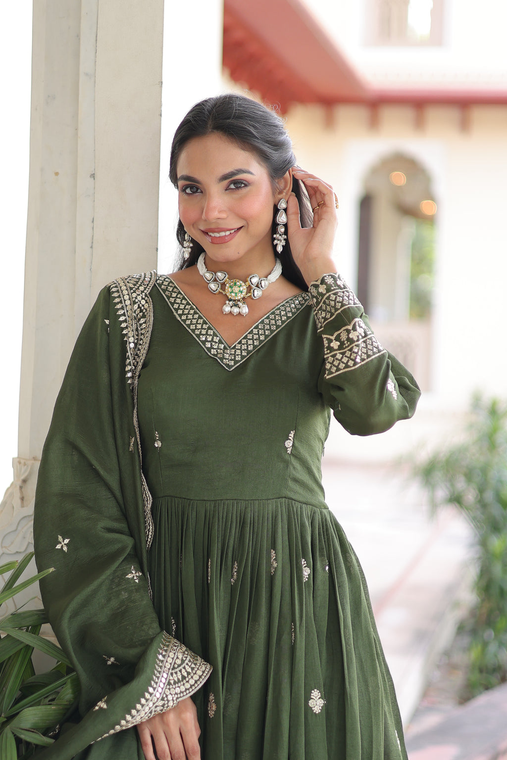 Sivi Green Vichitra Silk Sequins Zari Embroidered Work Gown With Dupatta