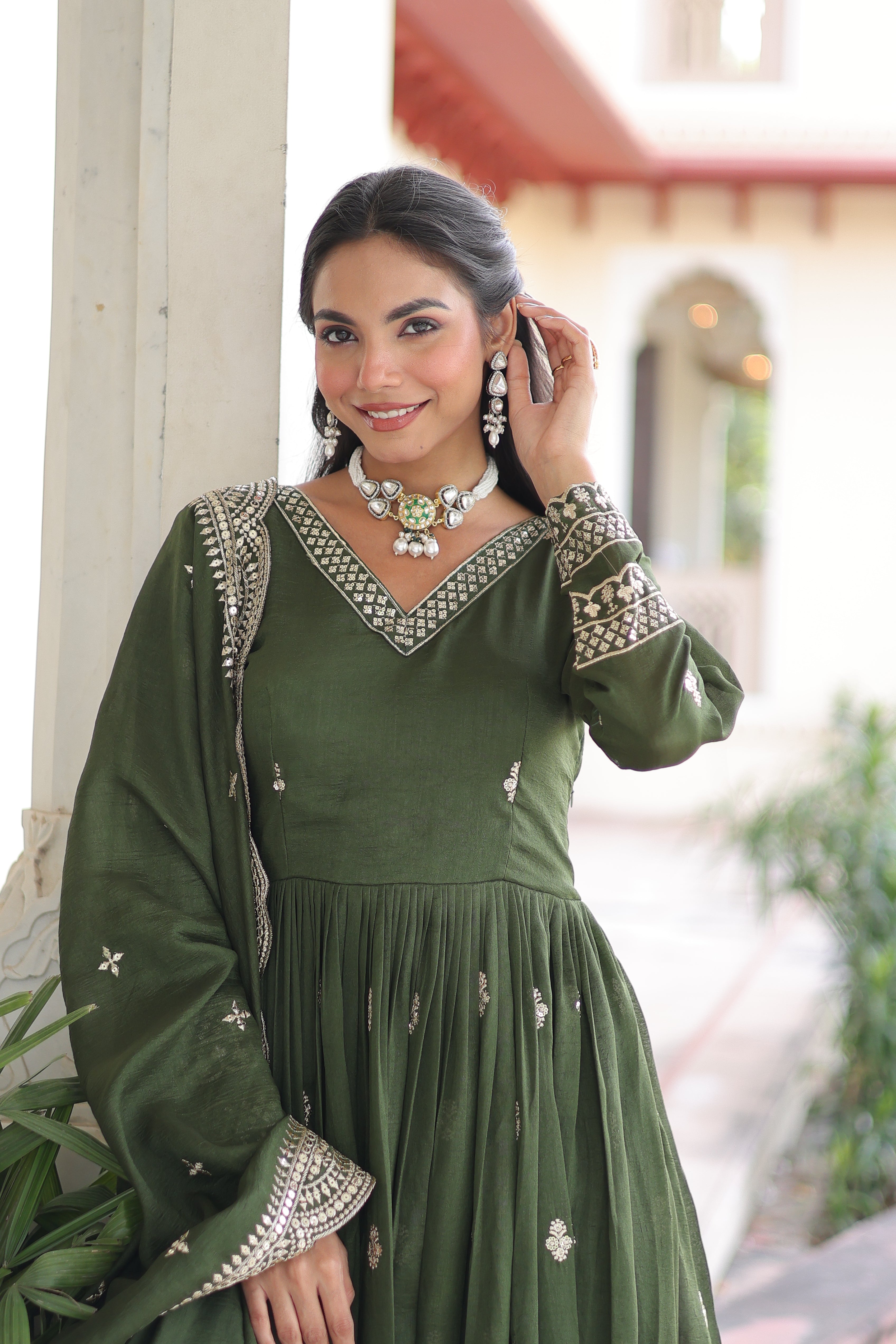 Sivi Green Vichitra Silk Sequins Zari Embroidered Work Gown With Dupatta