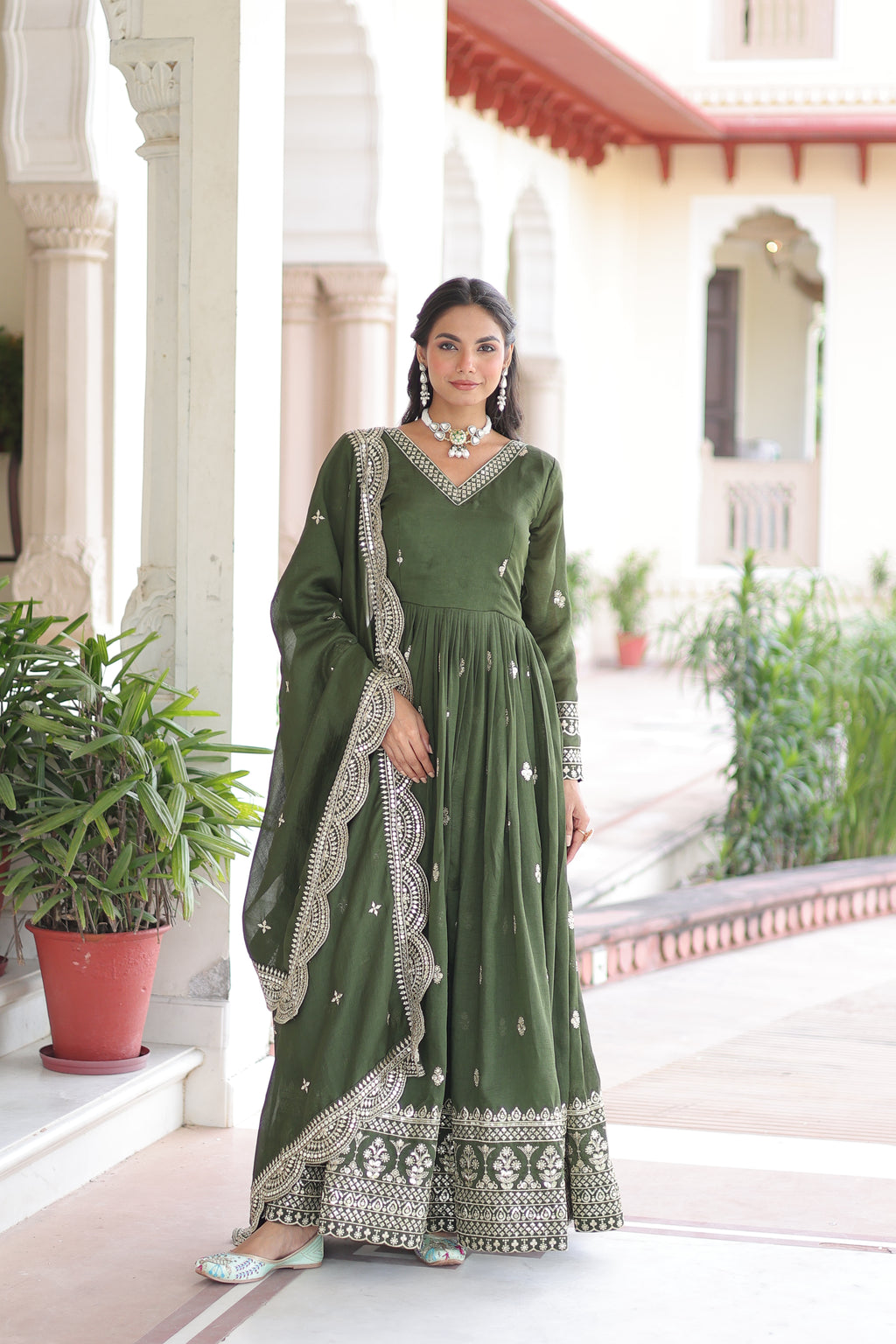 Sivi Green Vichitra Silk Sequins Zari Embroidered Work Gown With Dupatta
