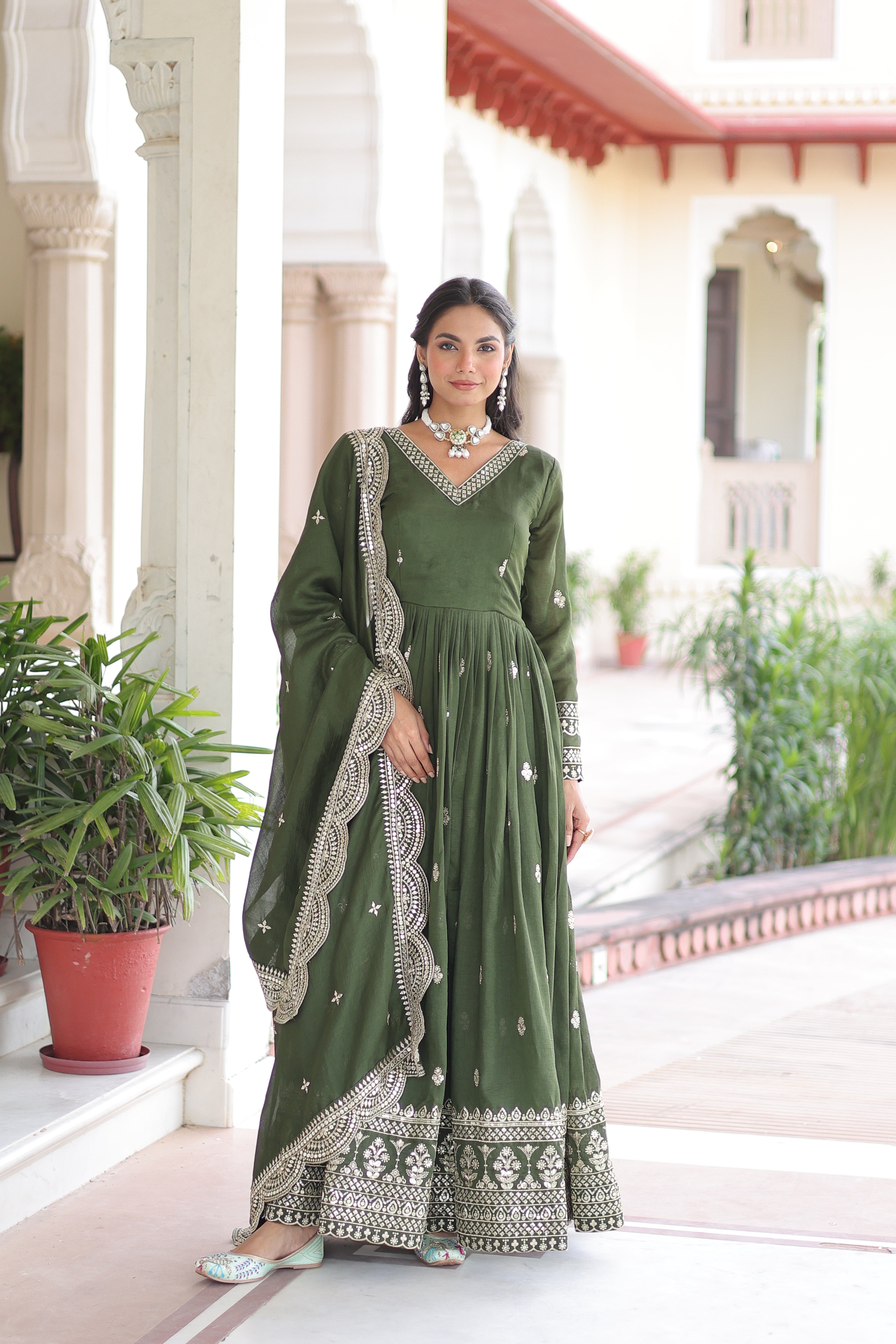 Sivi Green Vichitra Silk Sequins Zari Embroidered Work Gown With Dupatta