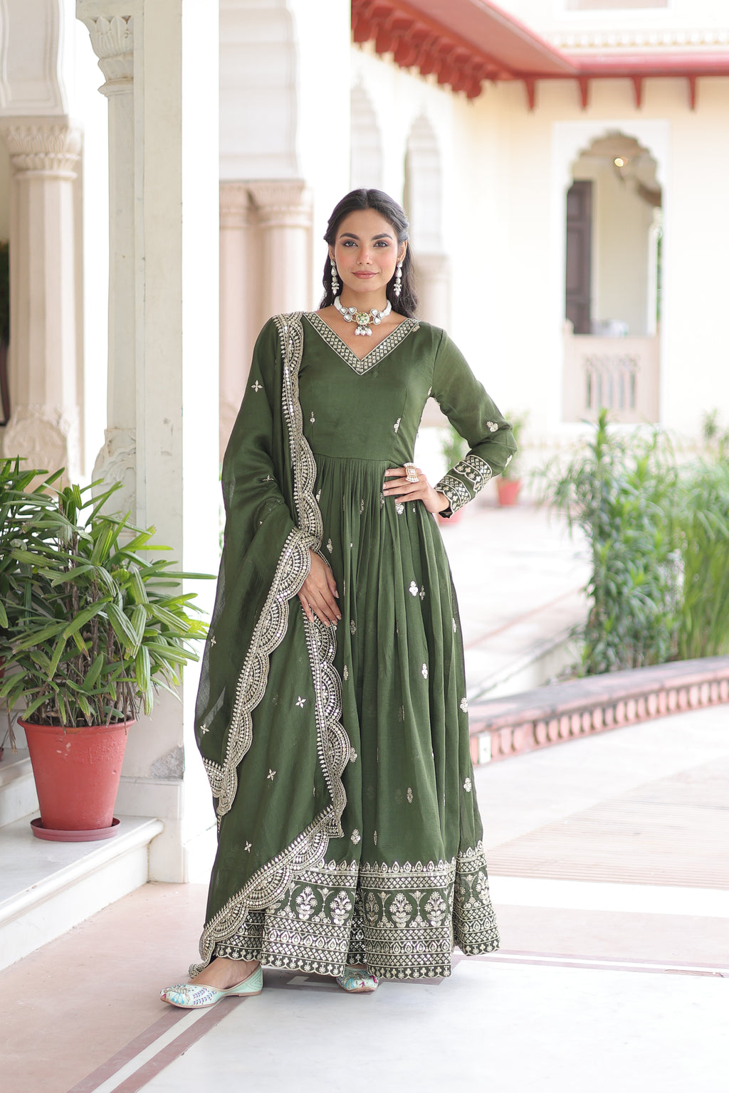 Sivi Green Vichitra Silk Sequins Zari Embroidered Work Gown With Dupatta