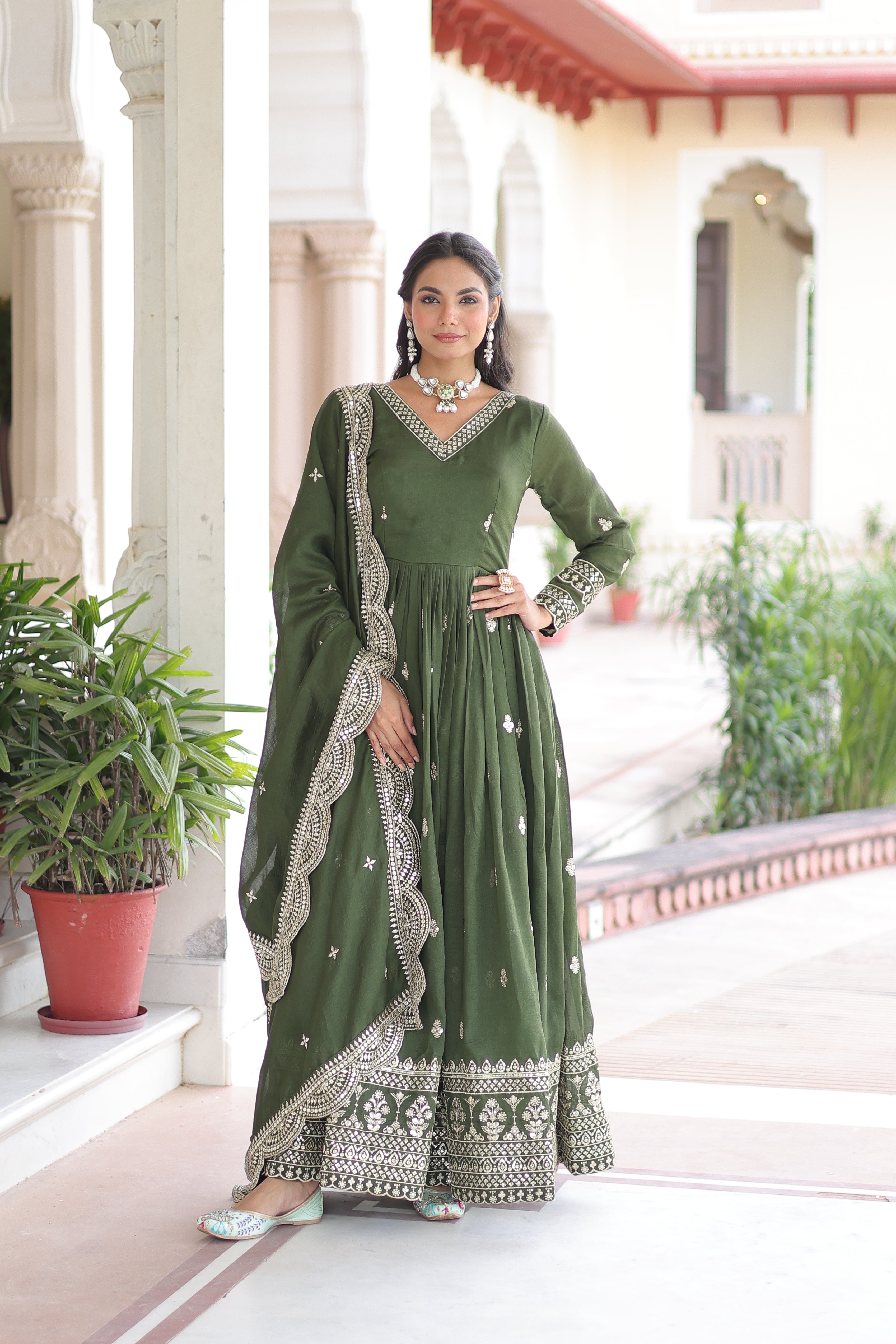 Sivi Green Vichitra Silk Sequins Zari Embroidered Work Gown With Dupatta