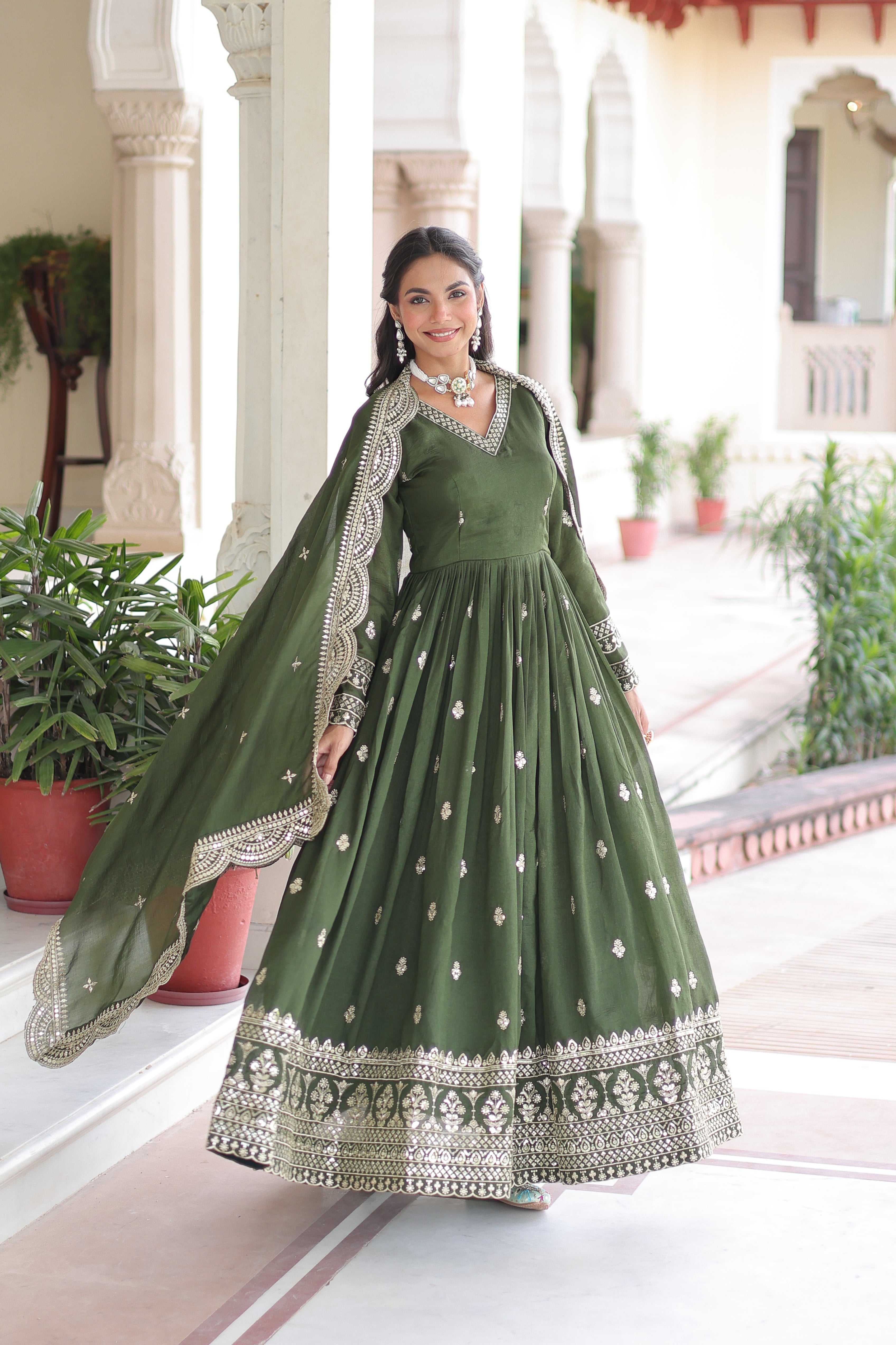 Sivi Green Vichitra Silk Sequins Zari Embroidered Work Gown With Dupatta