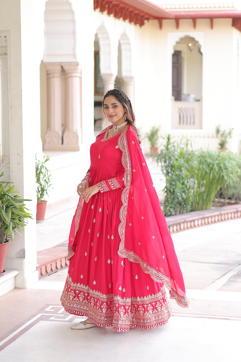 Sivi Pink Vichitra Silk Sequins Zari Embroidered Work Gown With Dupatta
