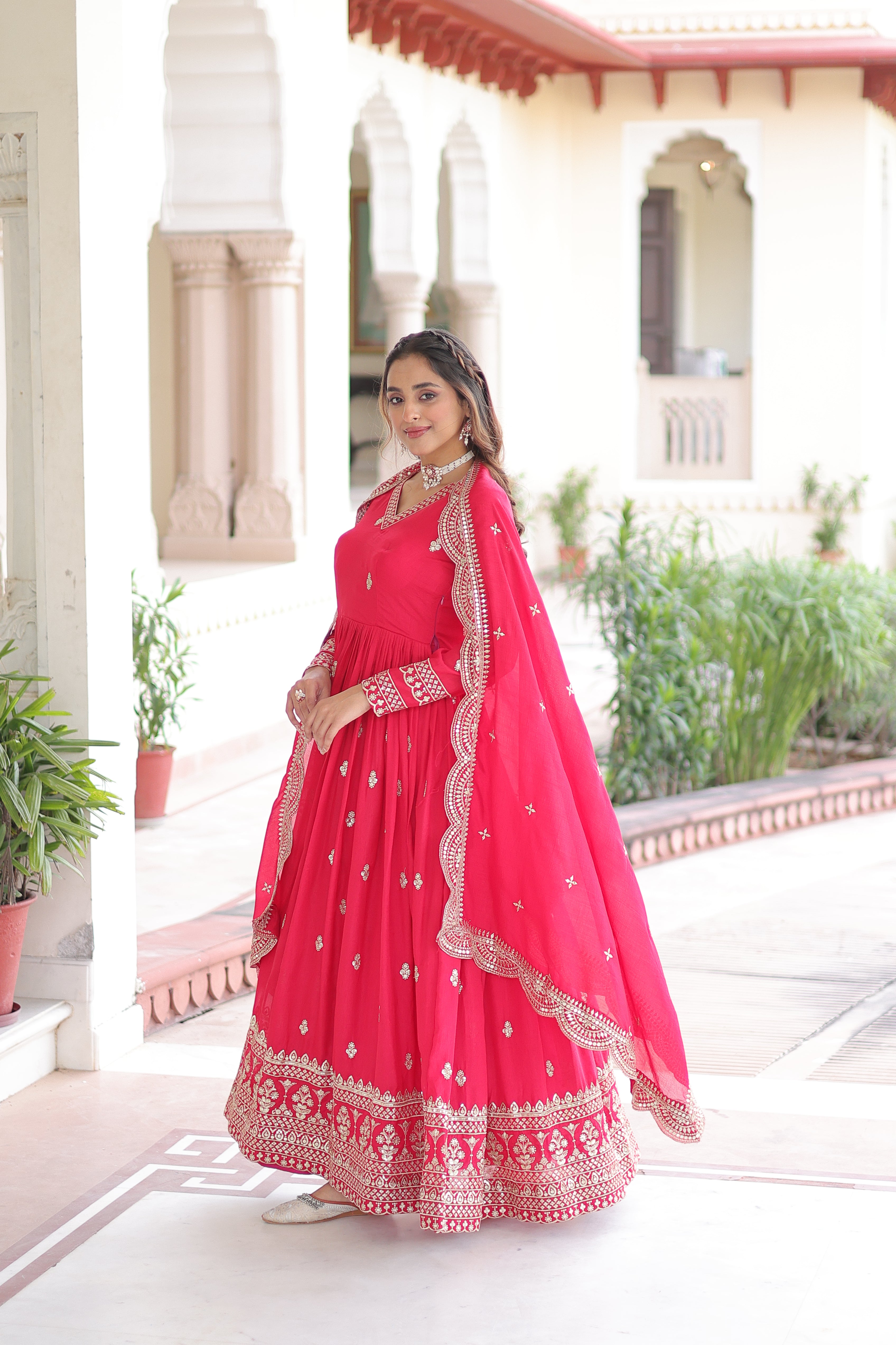 Sivi Pink Vichitra Silk Sequins Zari Embroidered Work Gown With Dupatta