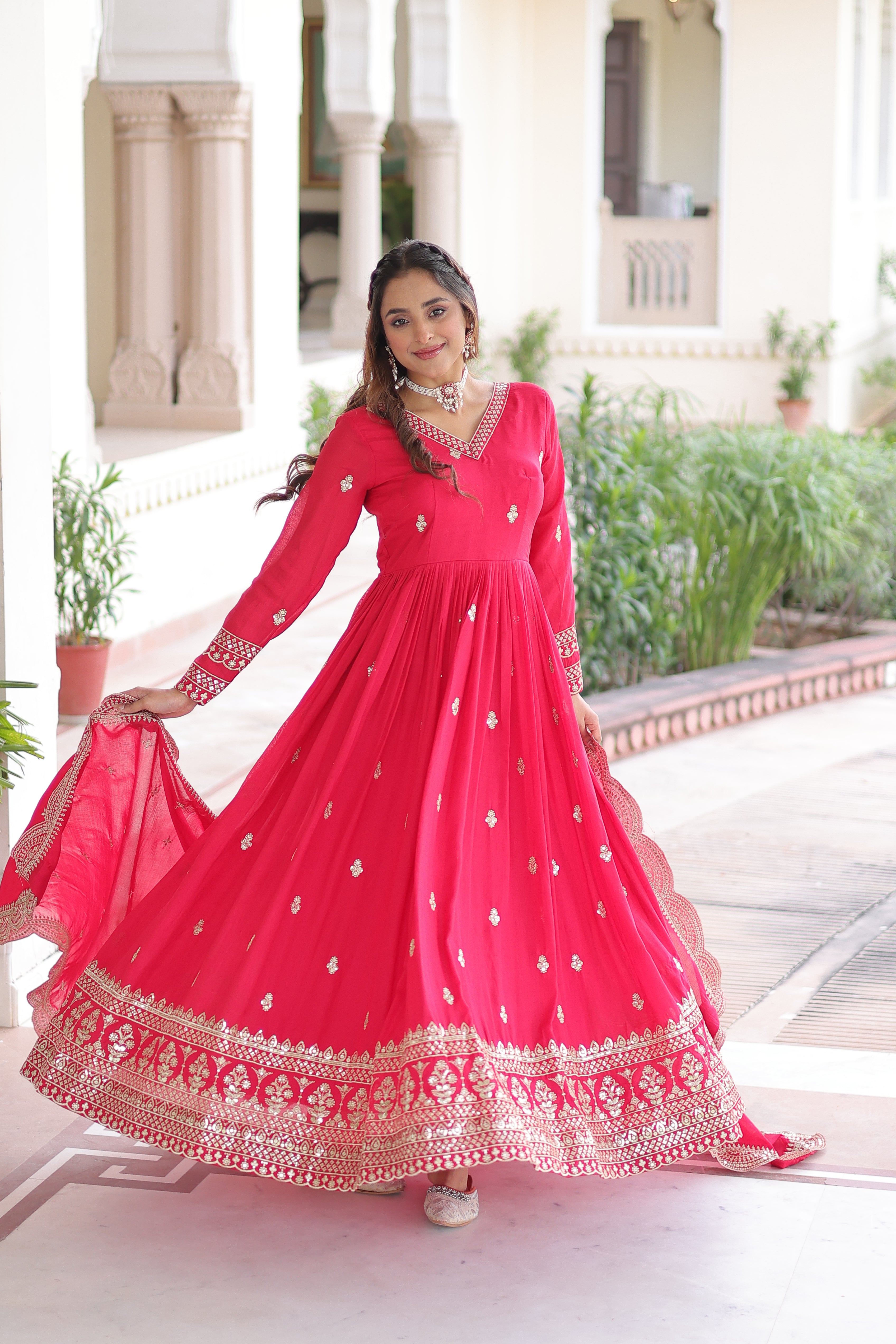 Sivi Pink Vichitra Silk Sequins Zari Embroidered Work Gown With Dupatta