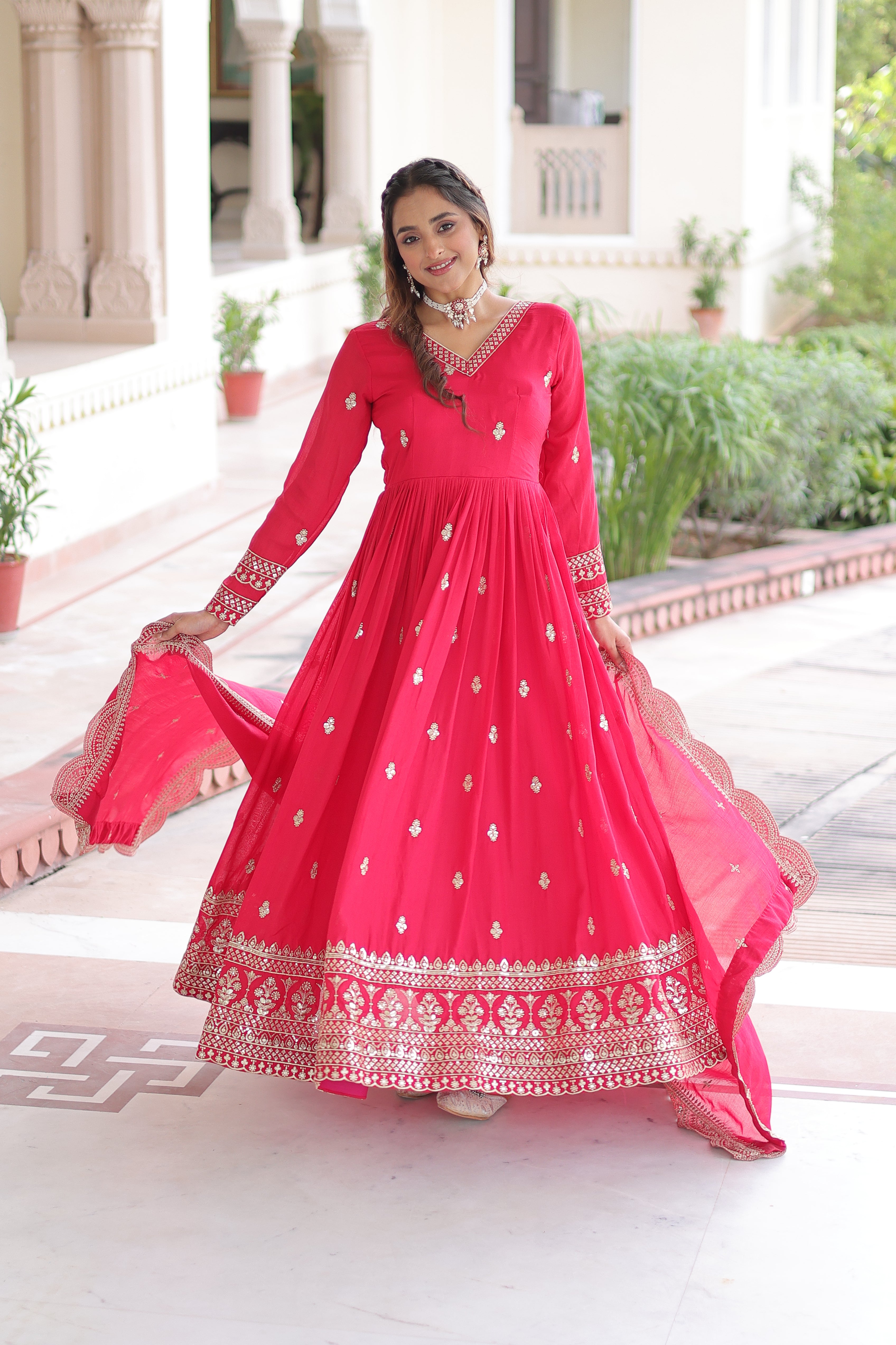 Sivi Pink Vichitra Silk Sequins Zari Embroidered Work Gown With Dupatta