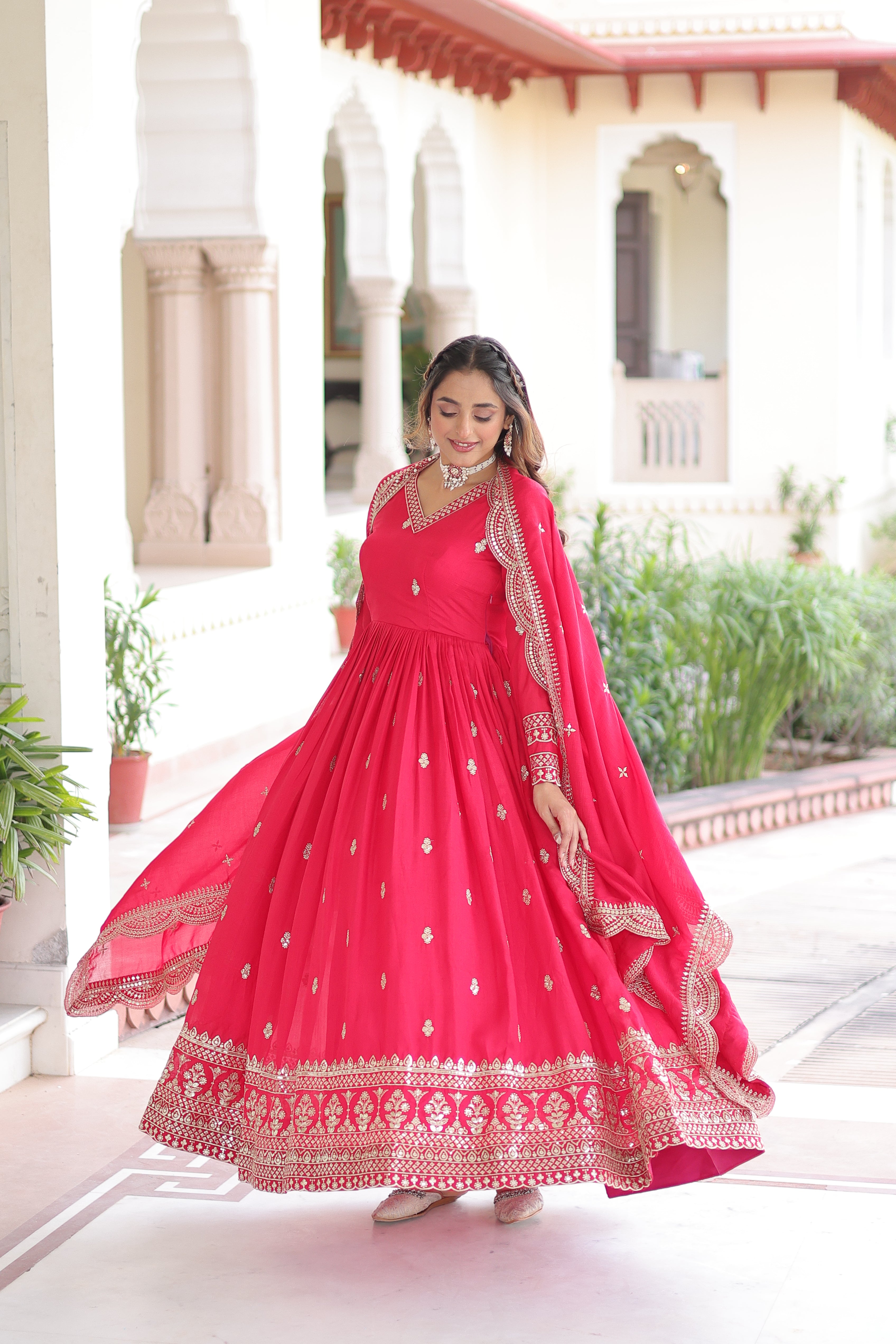 Sivi Pink Vichitra Silk Sequins Zari Embroidered Work Gown With Dupatta