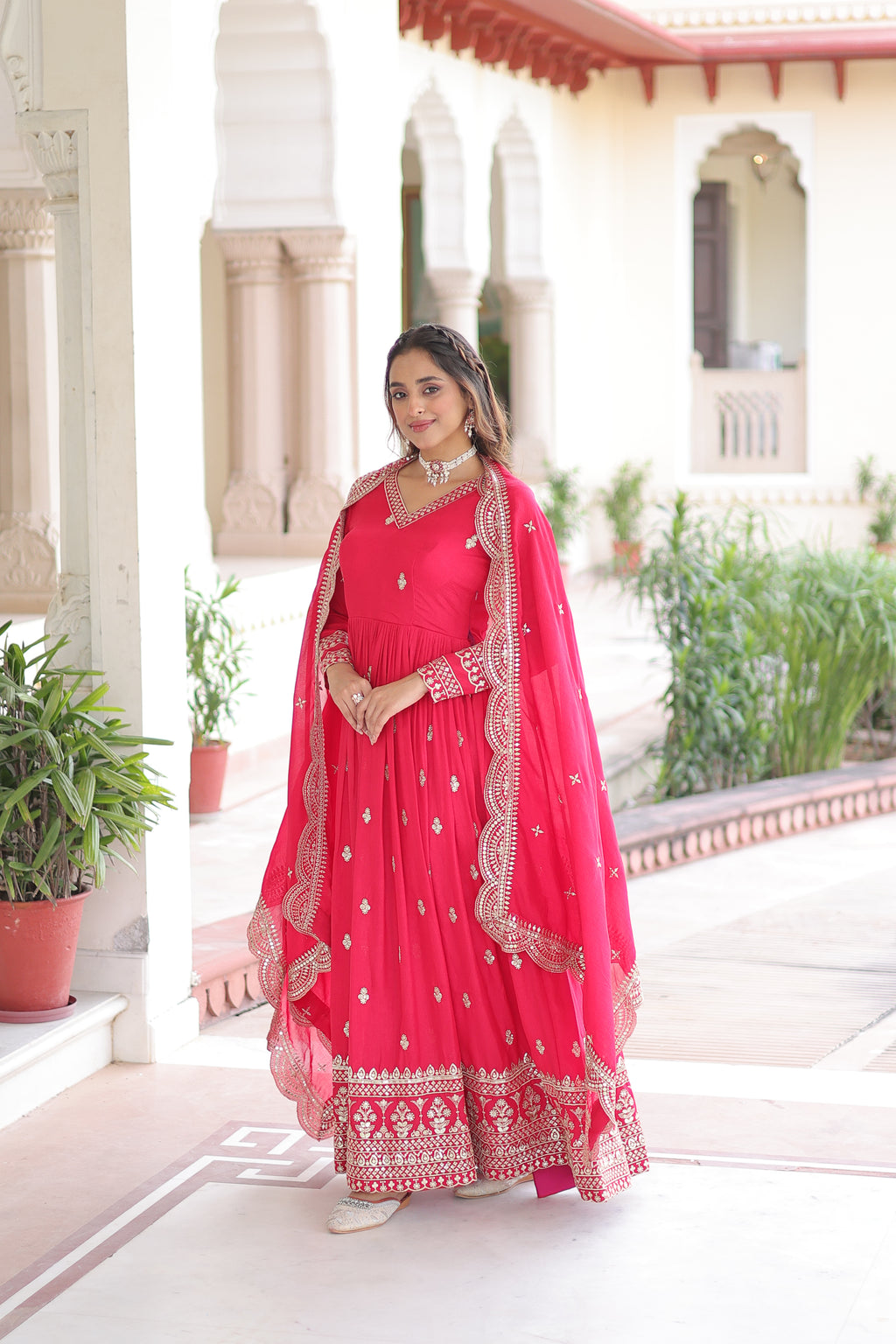 Sivi Pink Vichitra Silk Sequins Zari Embroidered Work Gown With Dupatta