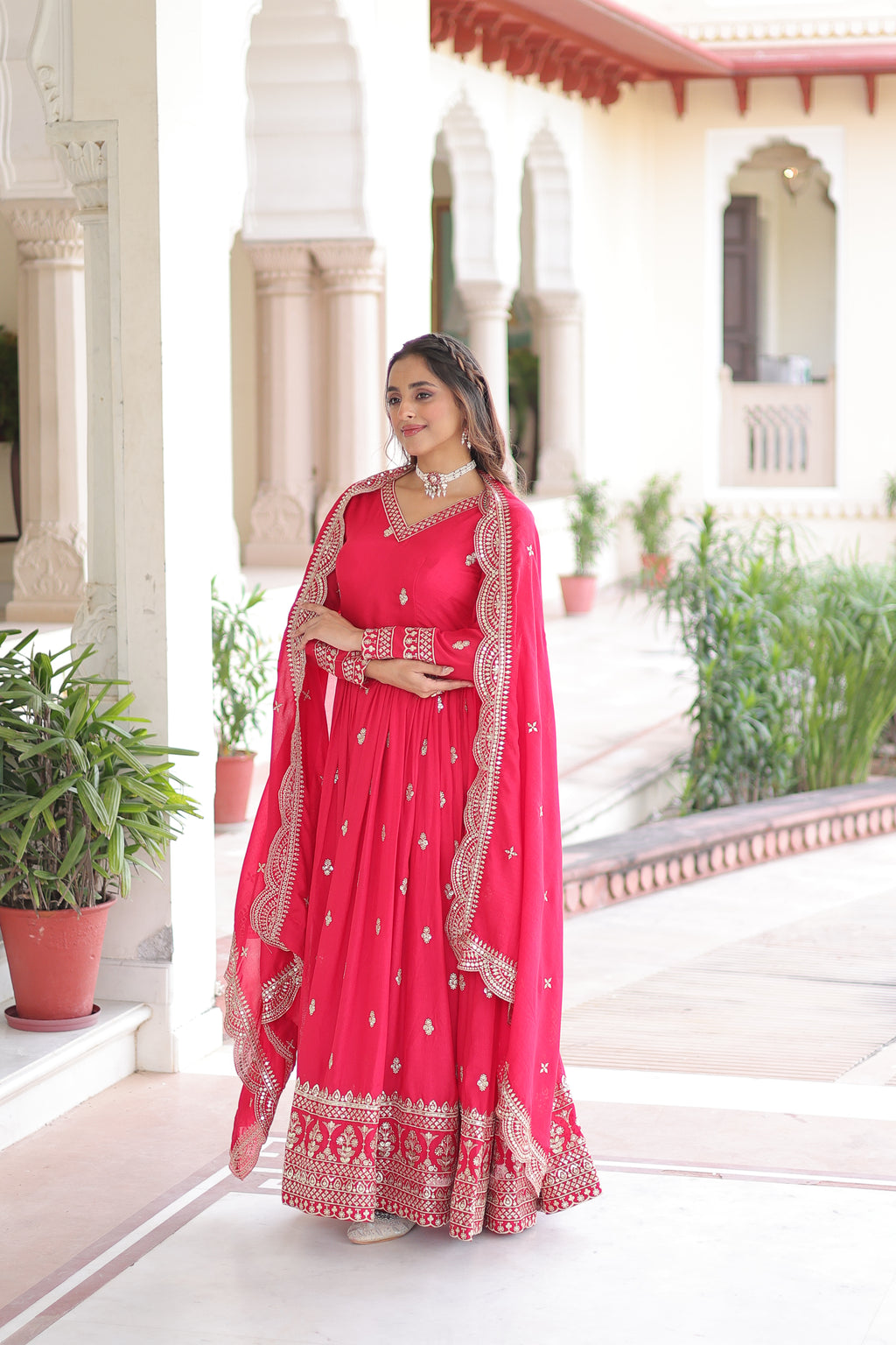 Sivi Pink Vichitra Silk Sequins Zari Embroidered Work Gown With Dupatta