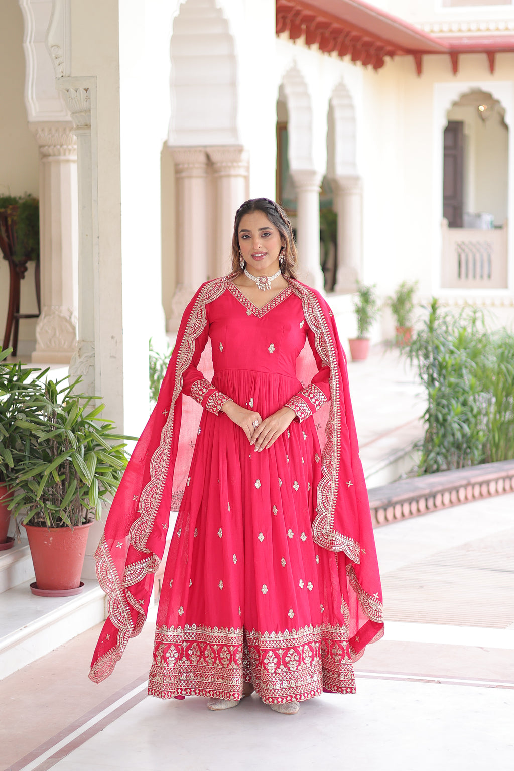 Sivi Pink Vichitra Silk Sequins Zari Embroidered Work Gown With Dupatta