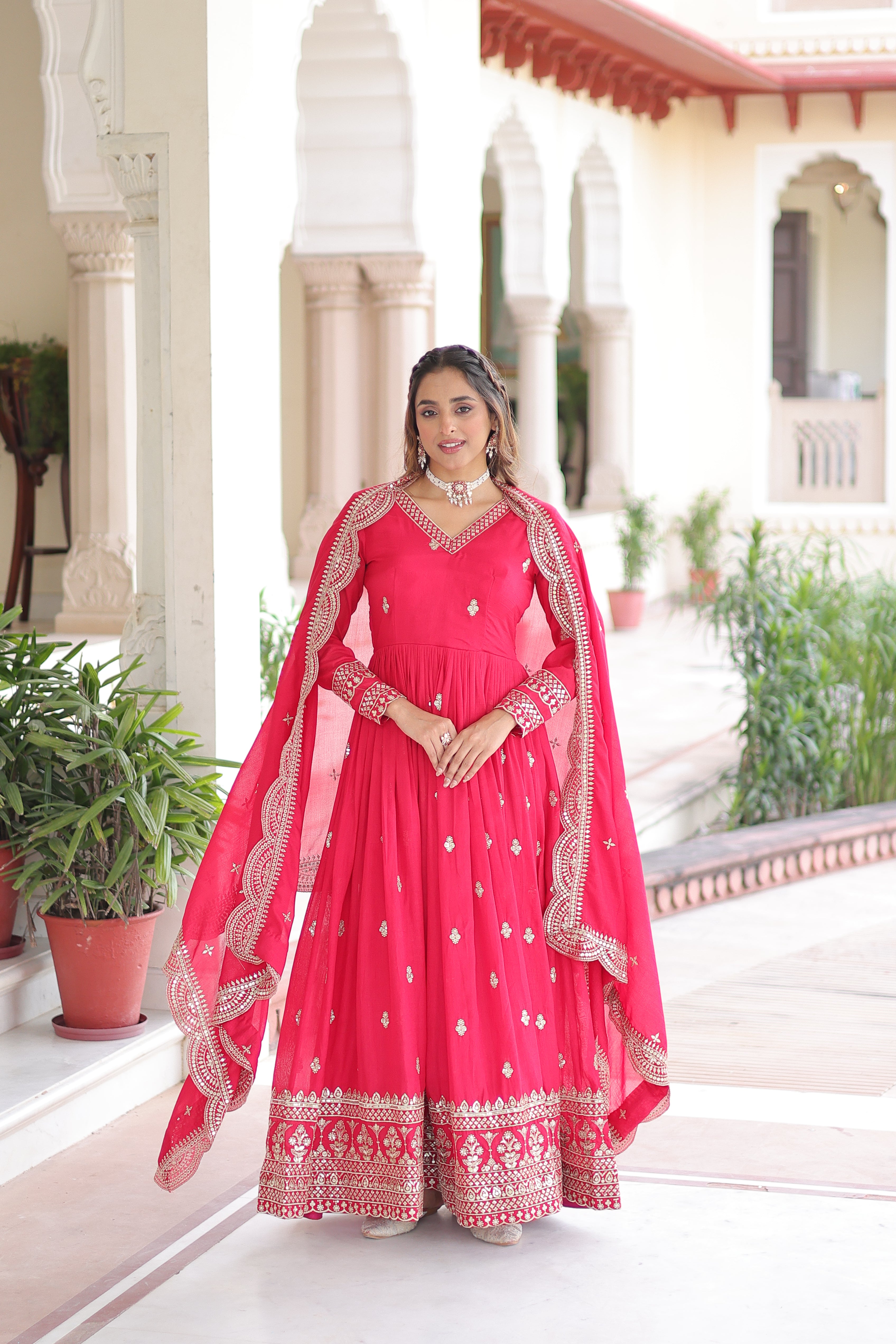 Sivi Pink Vichitra Silk Sequins Zari Embroidered Work Gown With Dupatta