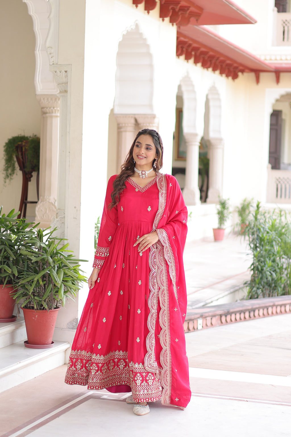 Sivi Pink Vichitra Silk Sequins Zari Embroidered Work Gown With Dupatta
