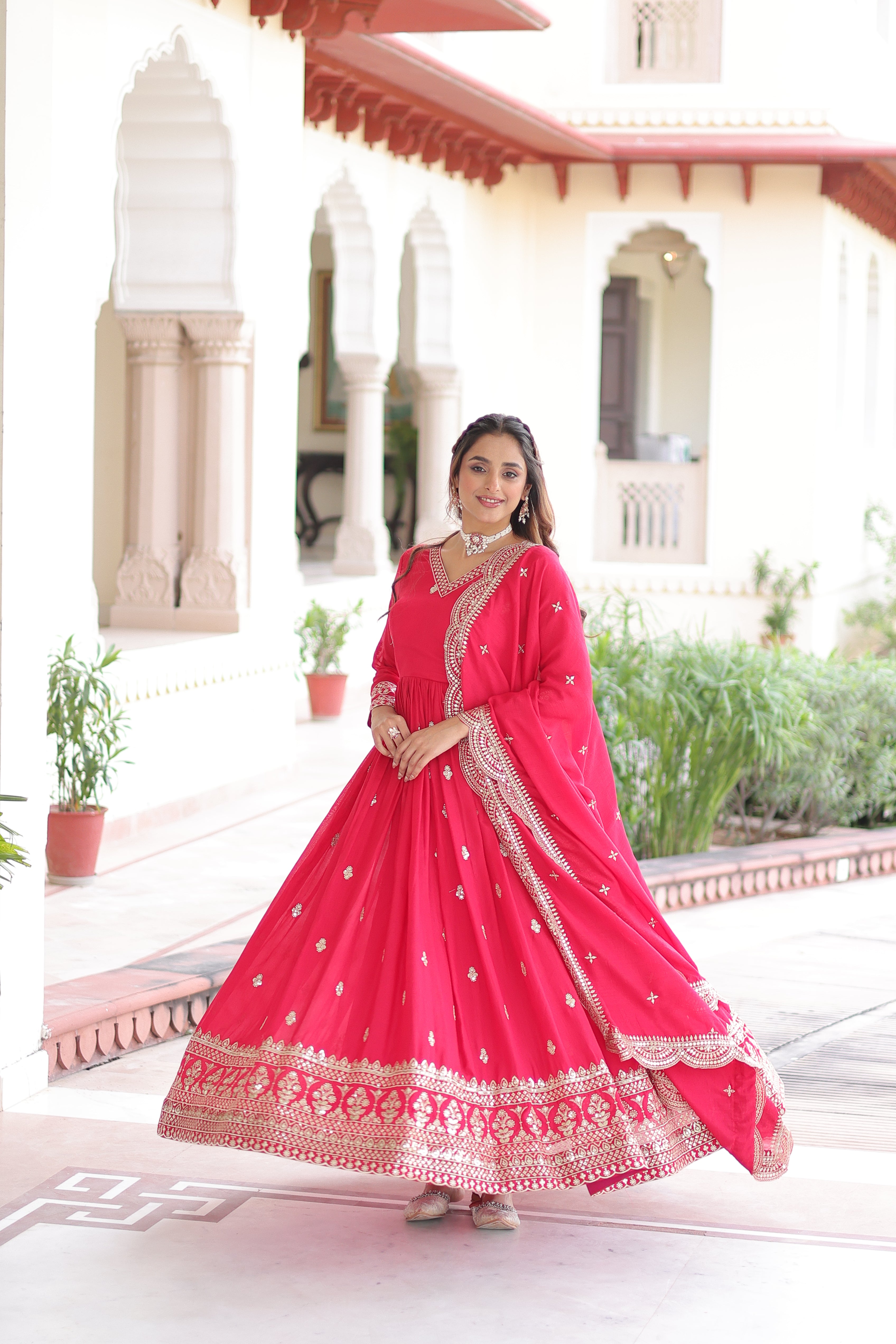 Sivi Pink Vichitra Silk Sequins Zari Embroidered Work Gown With Dupatta