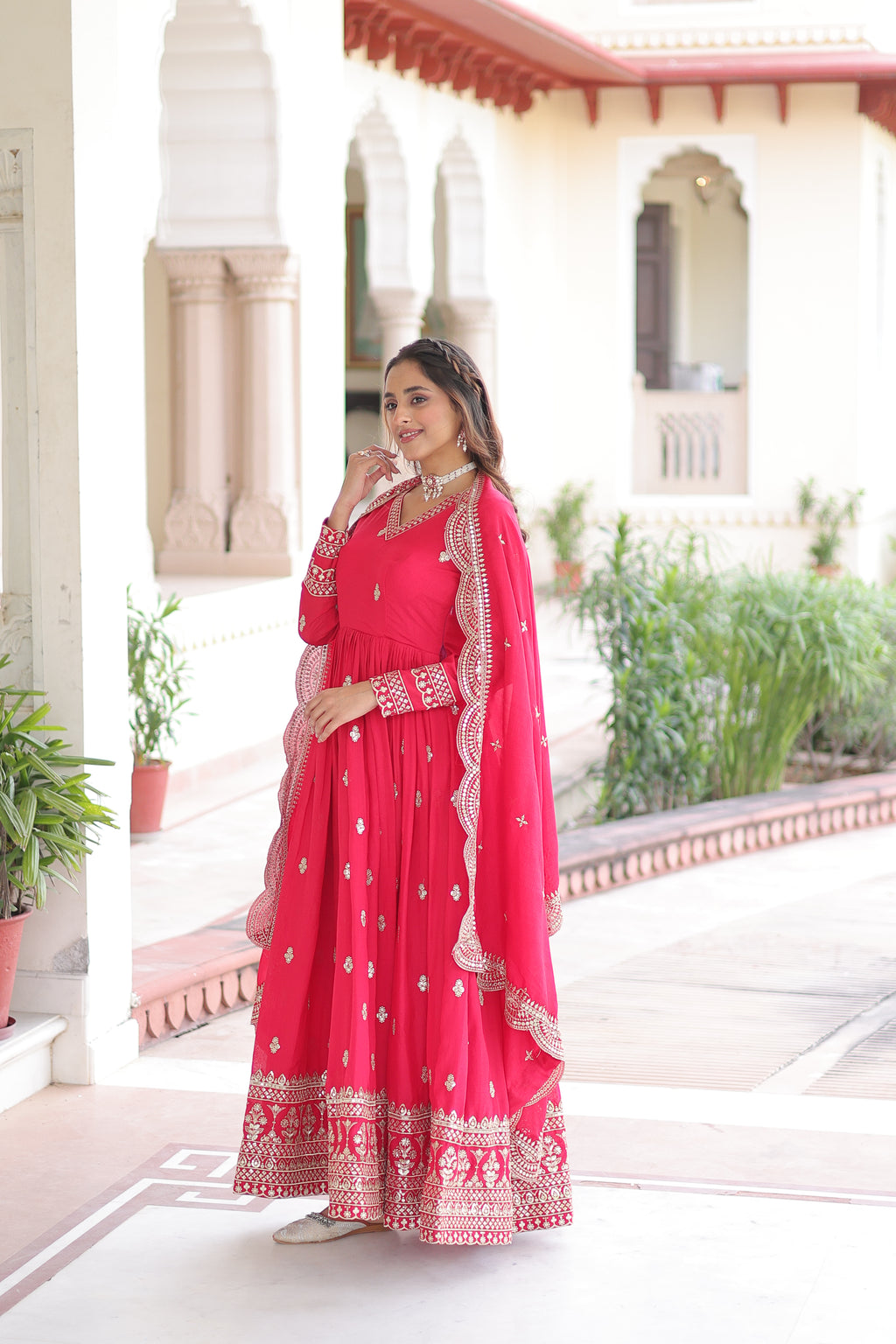 Sivi Pink Vichitra Silk Sequins Zari Embroidered Work Gown With Dupatta