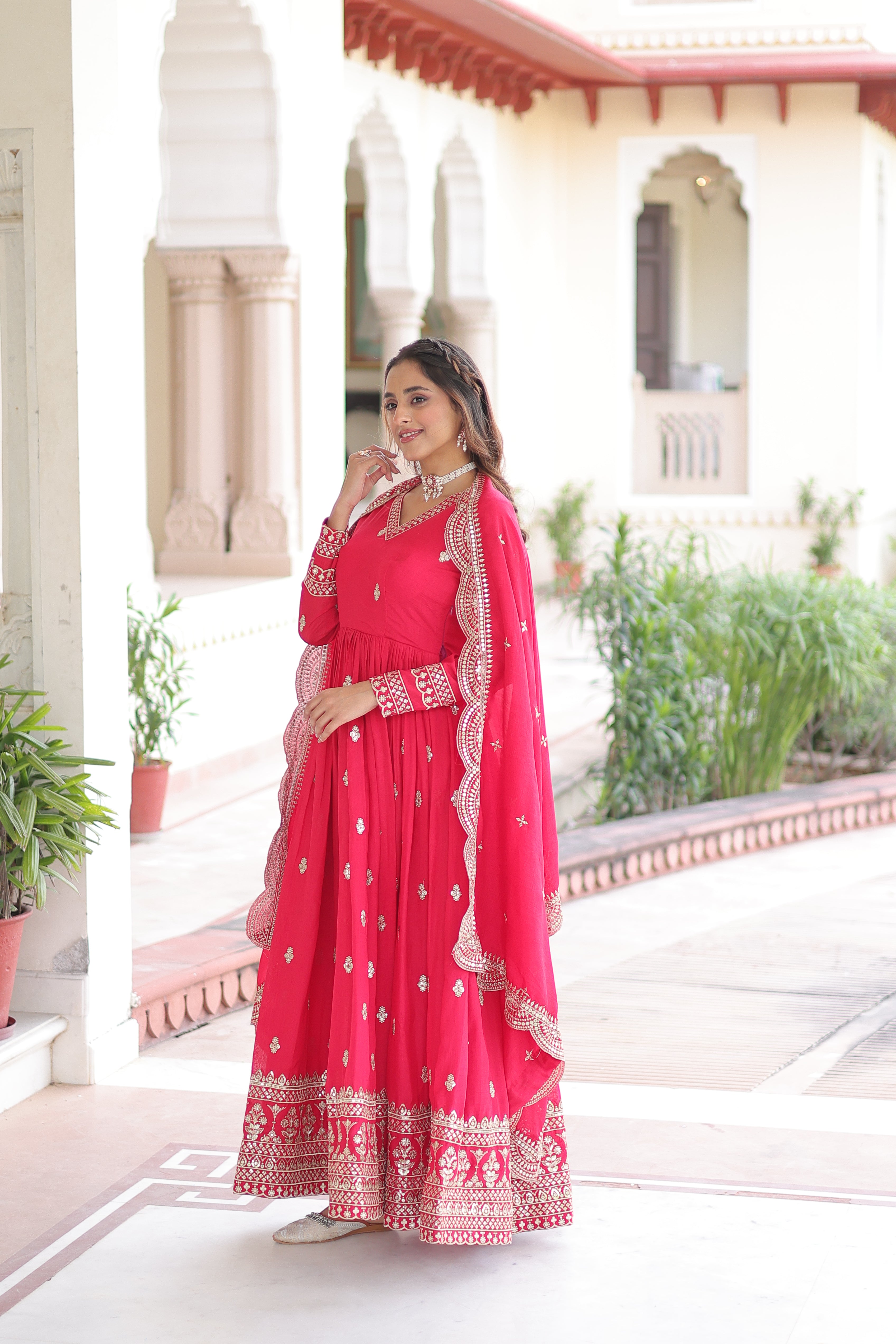 Sivi Pink Vichitra Silk Sequins Zari Embroidered Work Gown With Dupatta