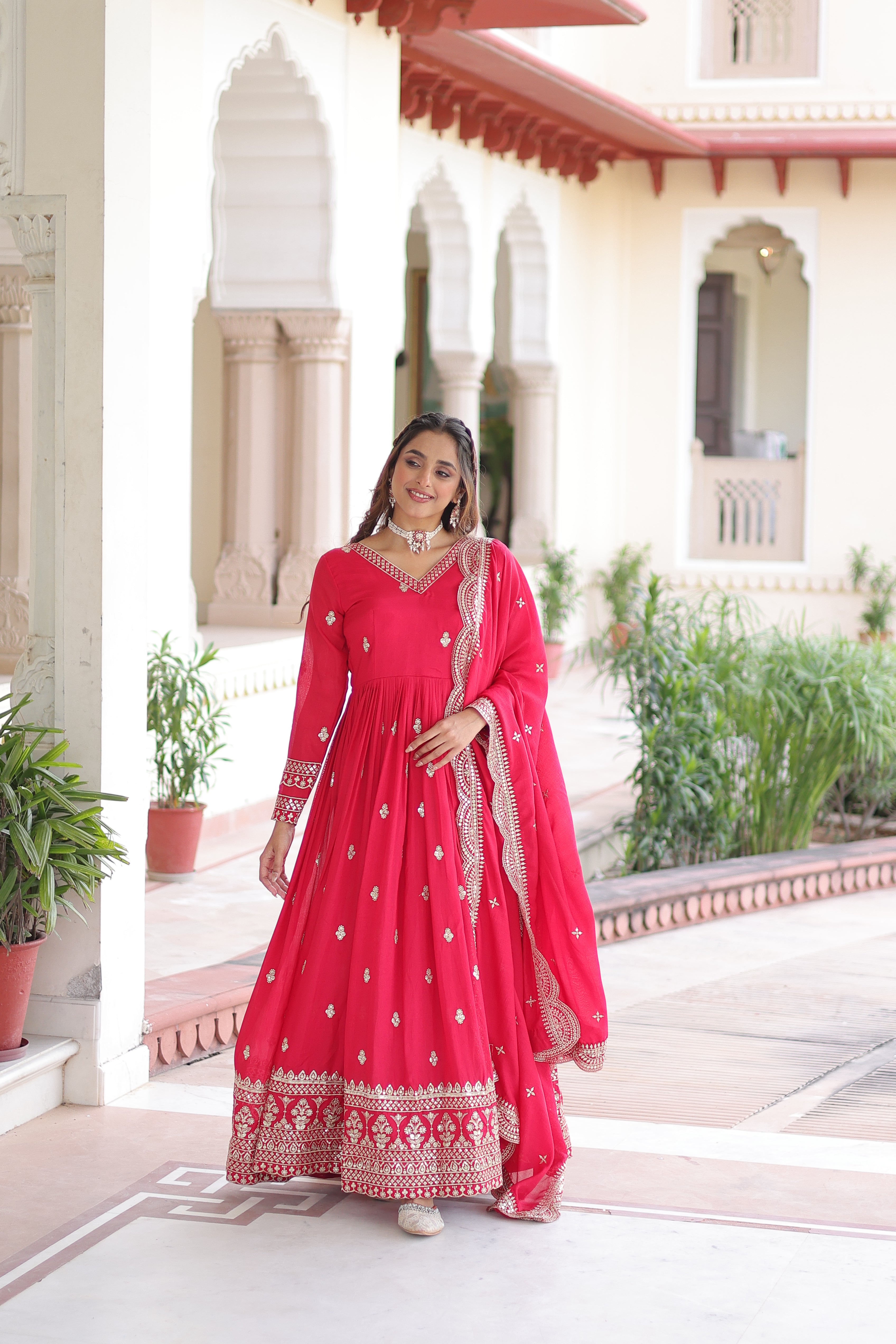 Sivi Pink Vichitra Silk Sequins Zari Embroidered Work Gown With Dupatta