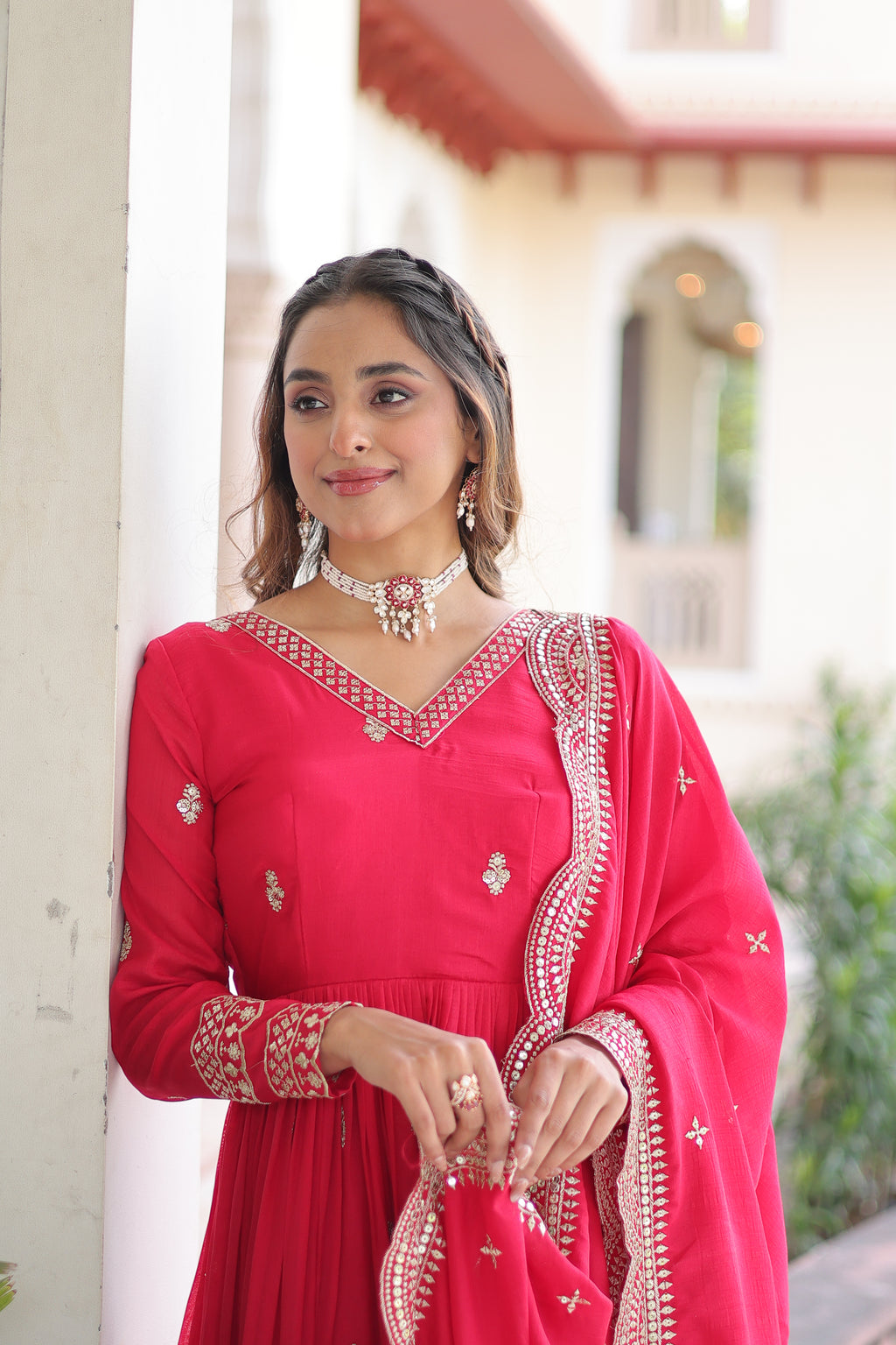 Sivi Pink Vichitra Silk Sequins Zari Embroidered Work Gown With Dupatta