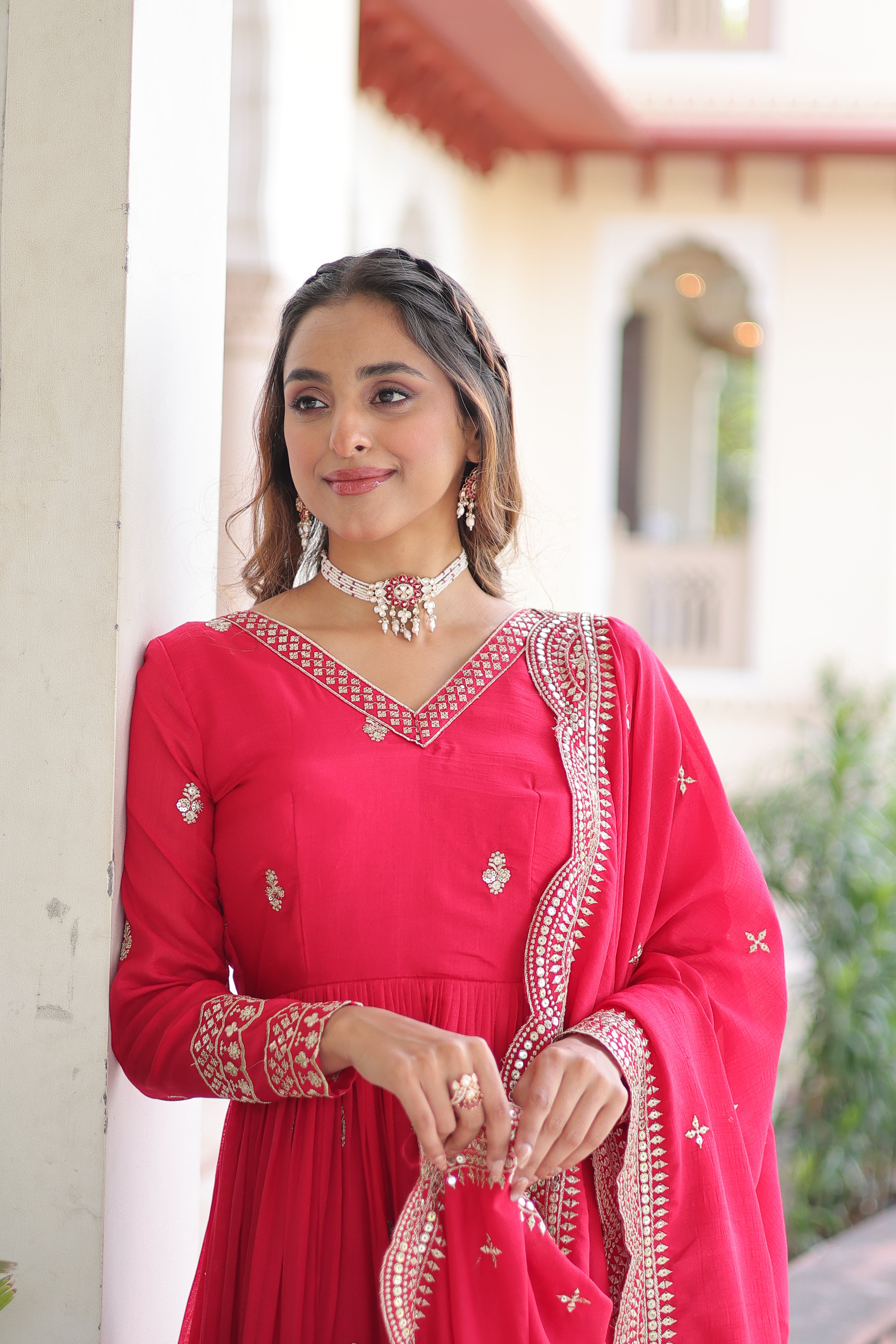 Sivi Pink Vichitra Silk Sequins Zari Embroidered Work Gown With Dupatta