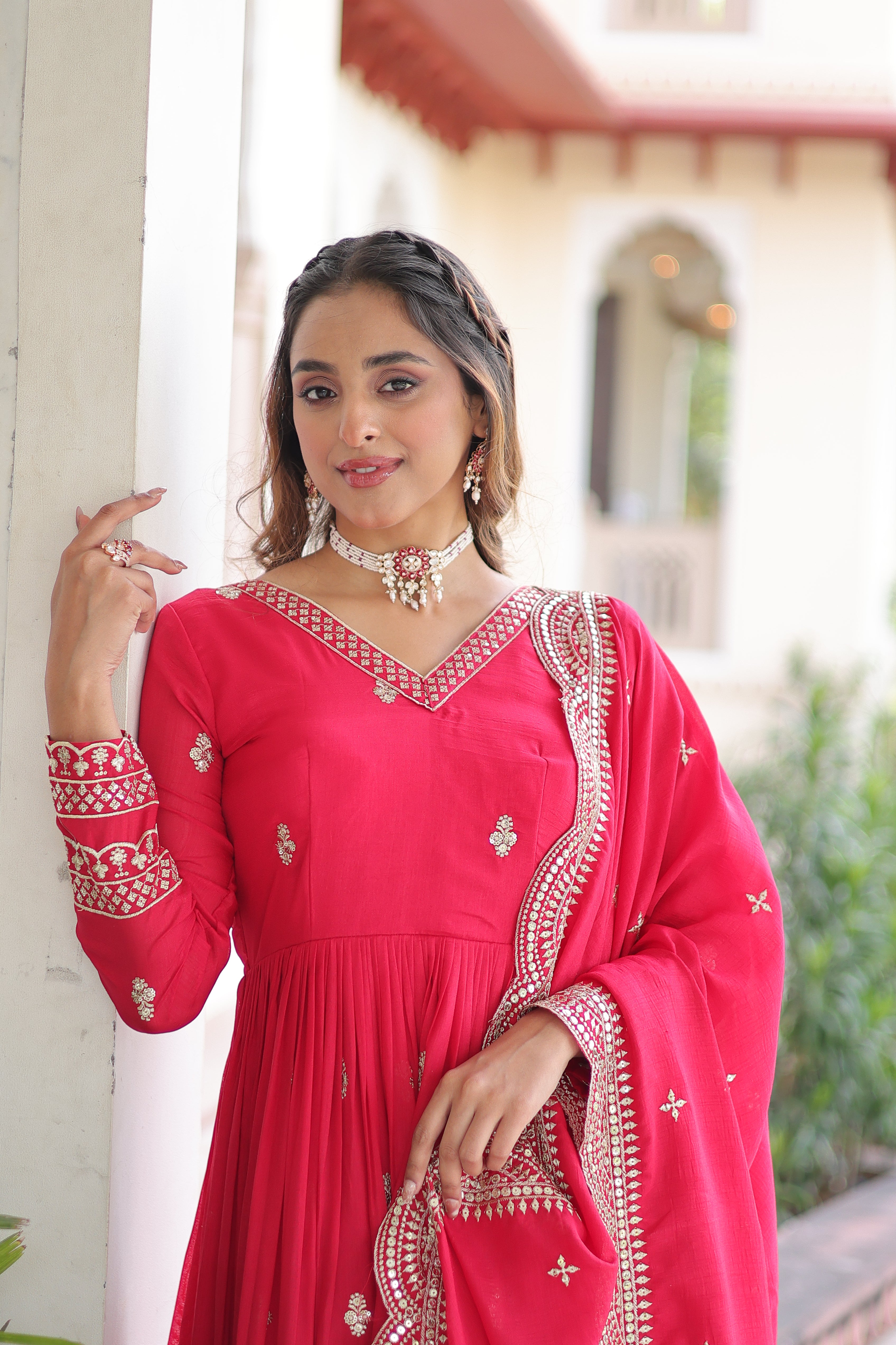 Sivi Pink Vichitra Silk Sequins Zari Embroidered Work Gown With Dupatta