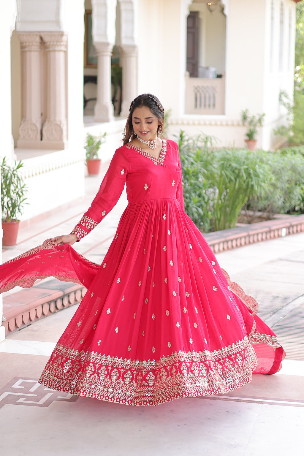 Sivi Pink Vichitra Silk Sequins Zari Embroidered Work Gown With Dupatta