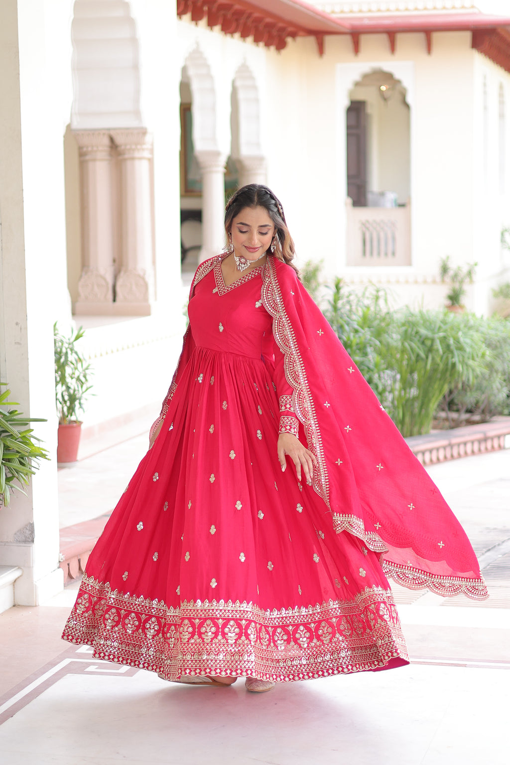 Sivi Pink Vichitra Silk Sequins Zari Embroidered Work Gown With Dupatta