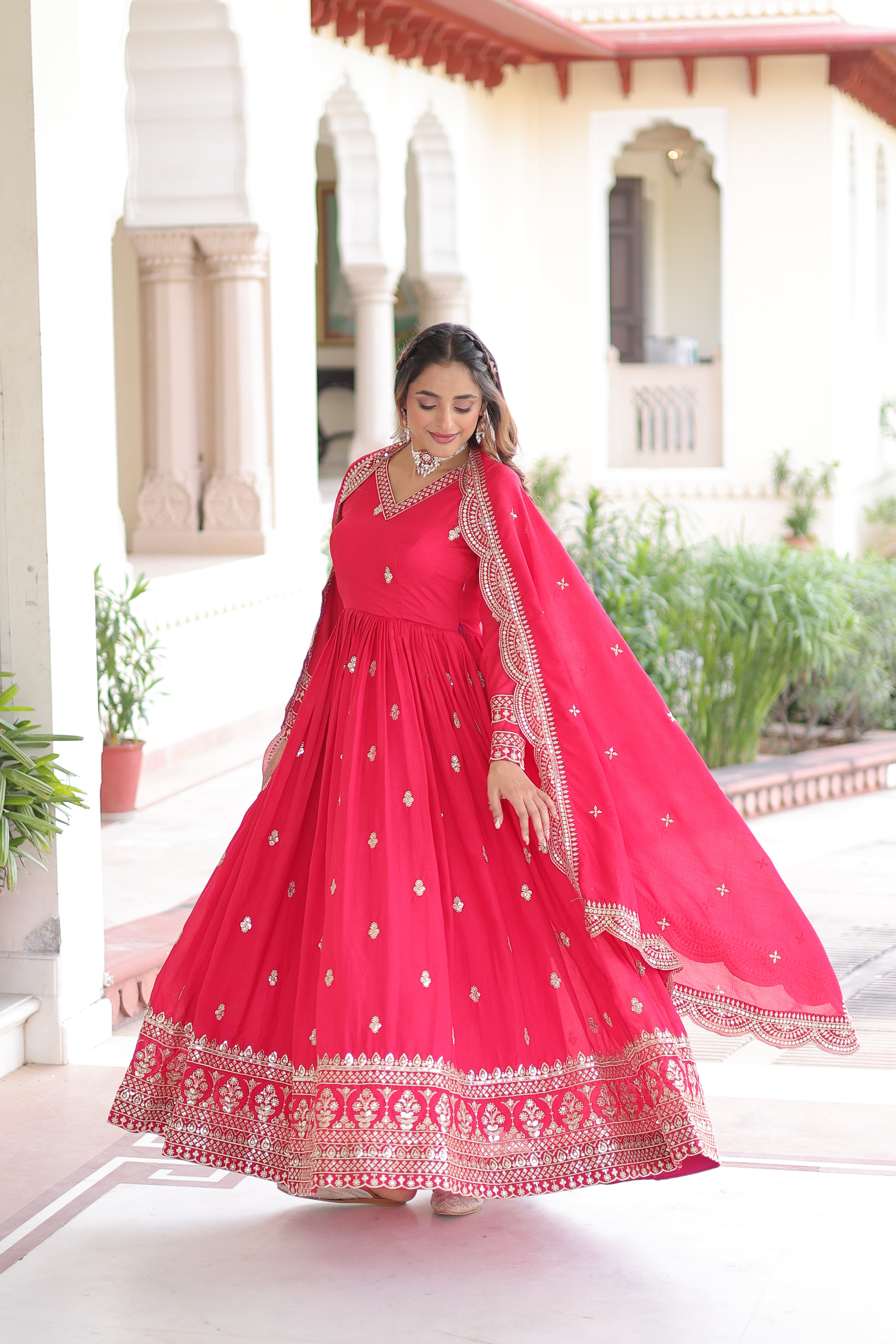 Sivi Pink Vichitra Silk Sequins Zari Embroidered Work Gown With Dupatta