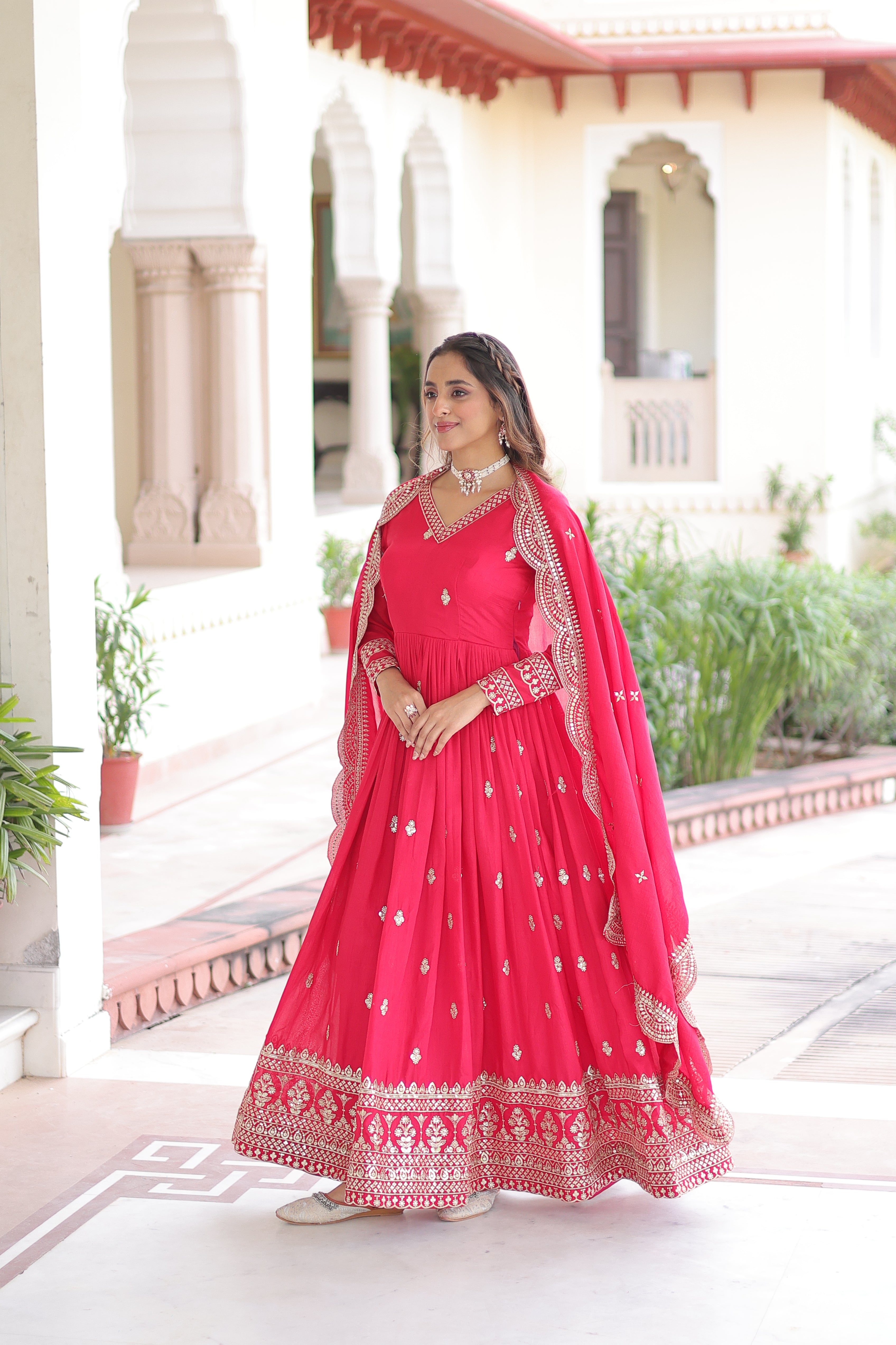 Sivi Pink Vichitra Silk Sequins Zari Embroidered Work Gown With Dupatta