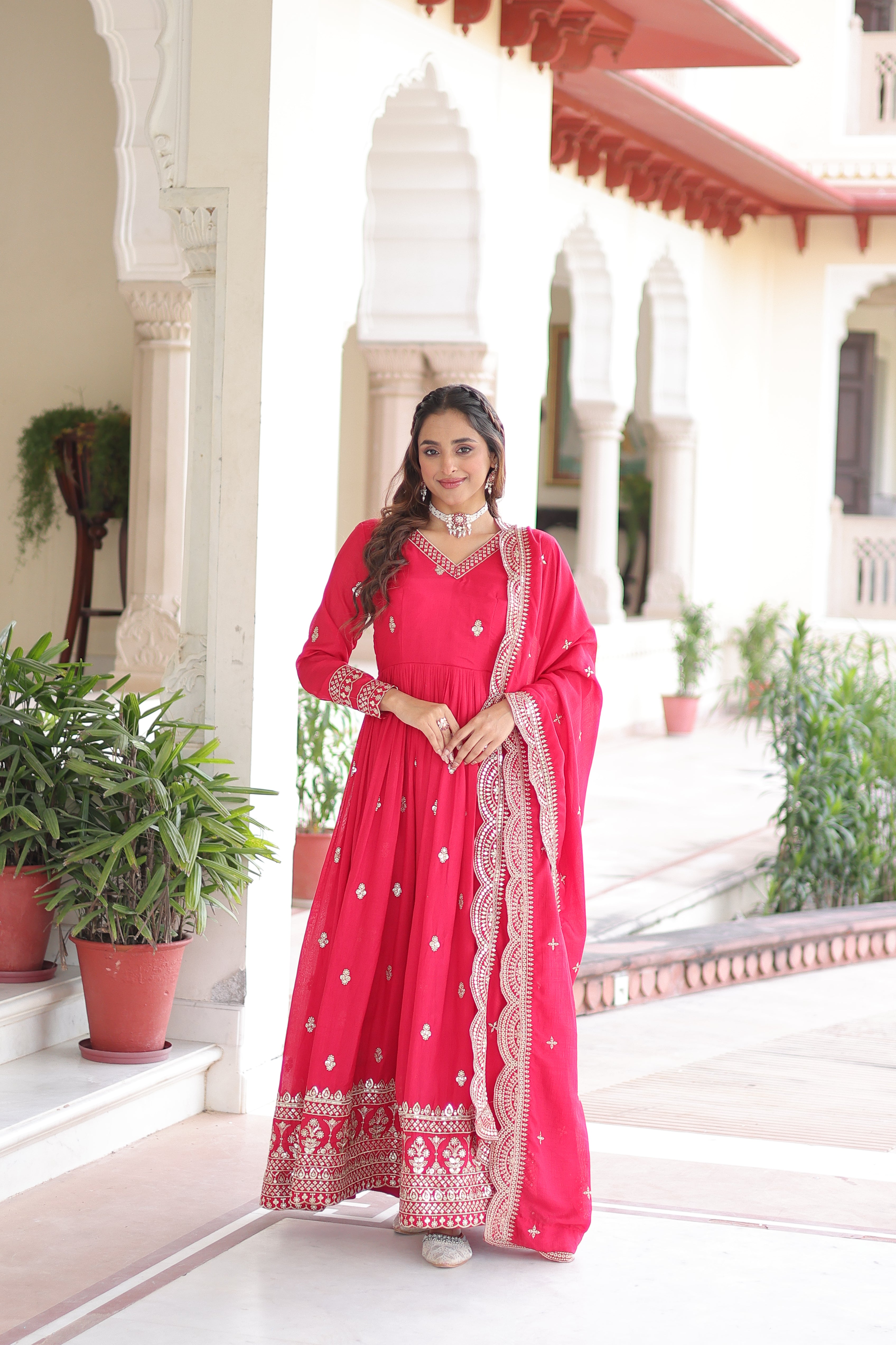 Sivi Pink Vichitra Silk Sequins Zari Embroidered Work Gown With Dupatta