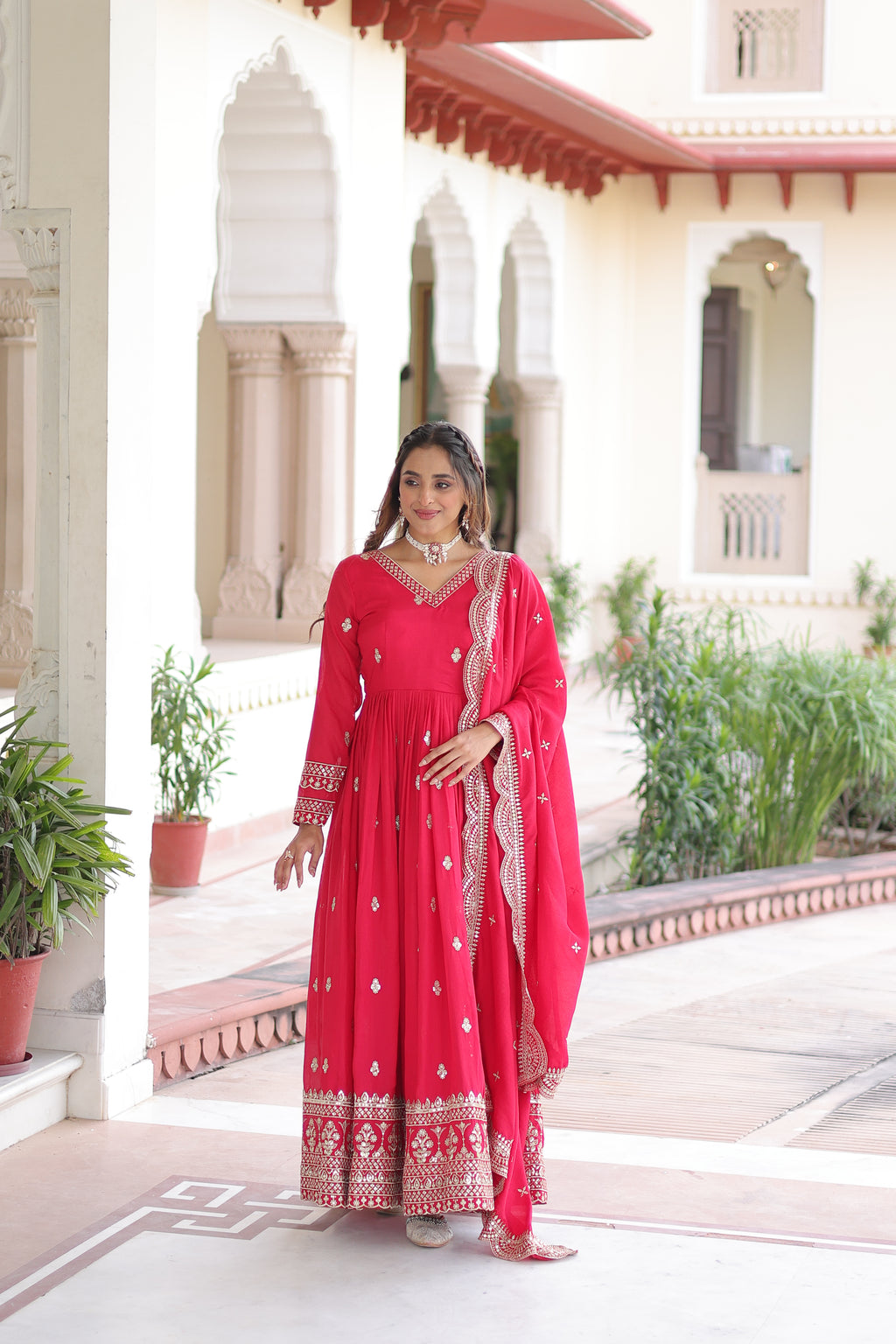 Sivi Pink Vichitra Silk Sequins Zari Embroidered Work Gown With Dupatta