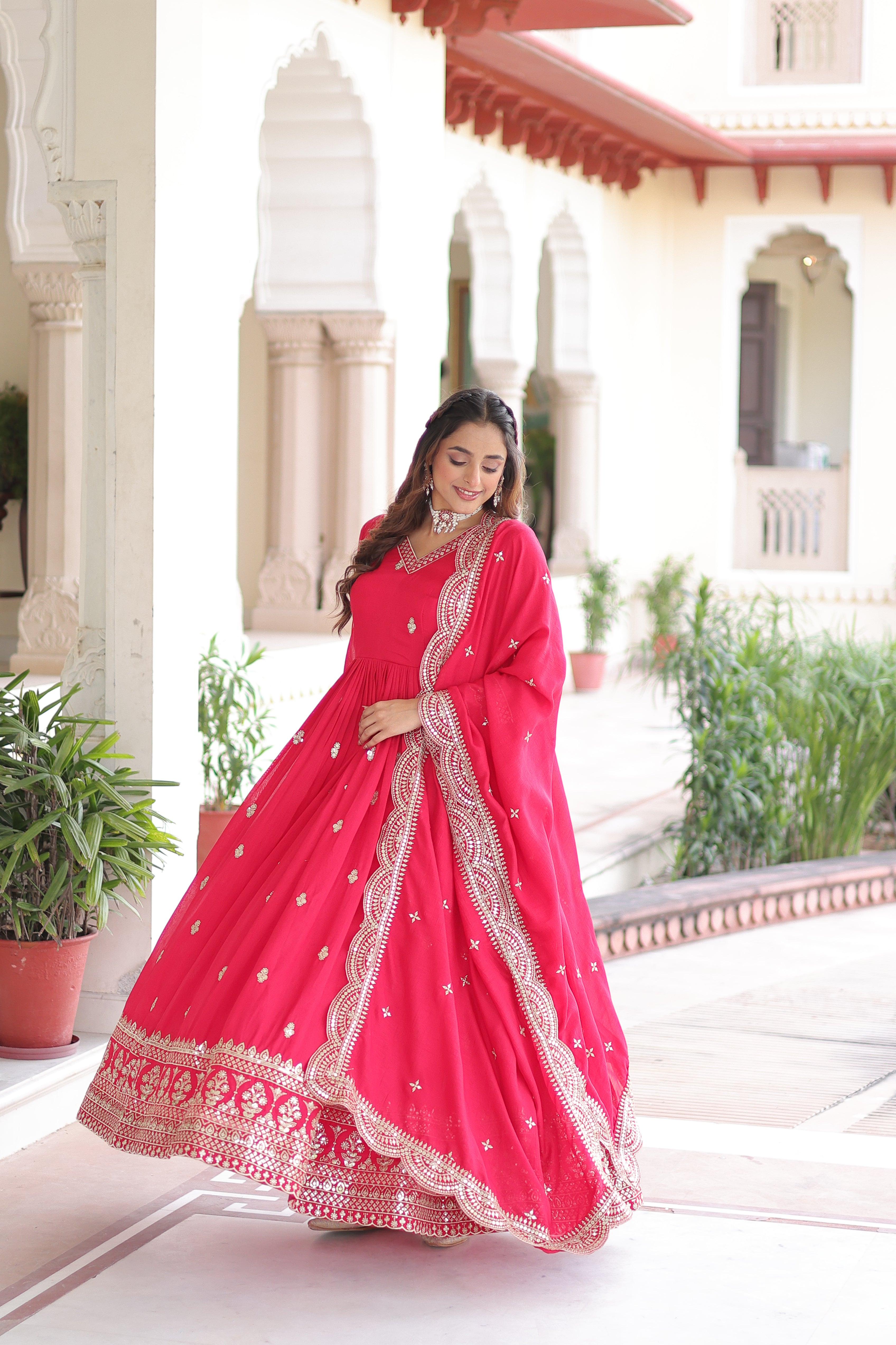 Sivi Pink Vichitra Silk Sequins Zari Embroidered Work Gown With Dupatta