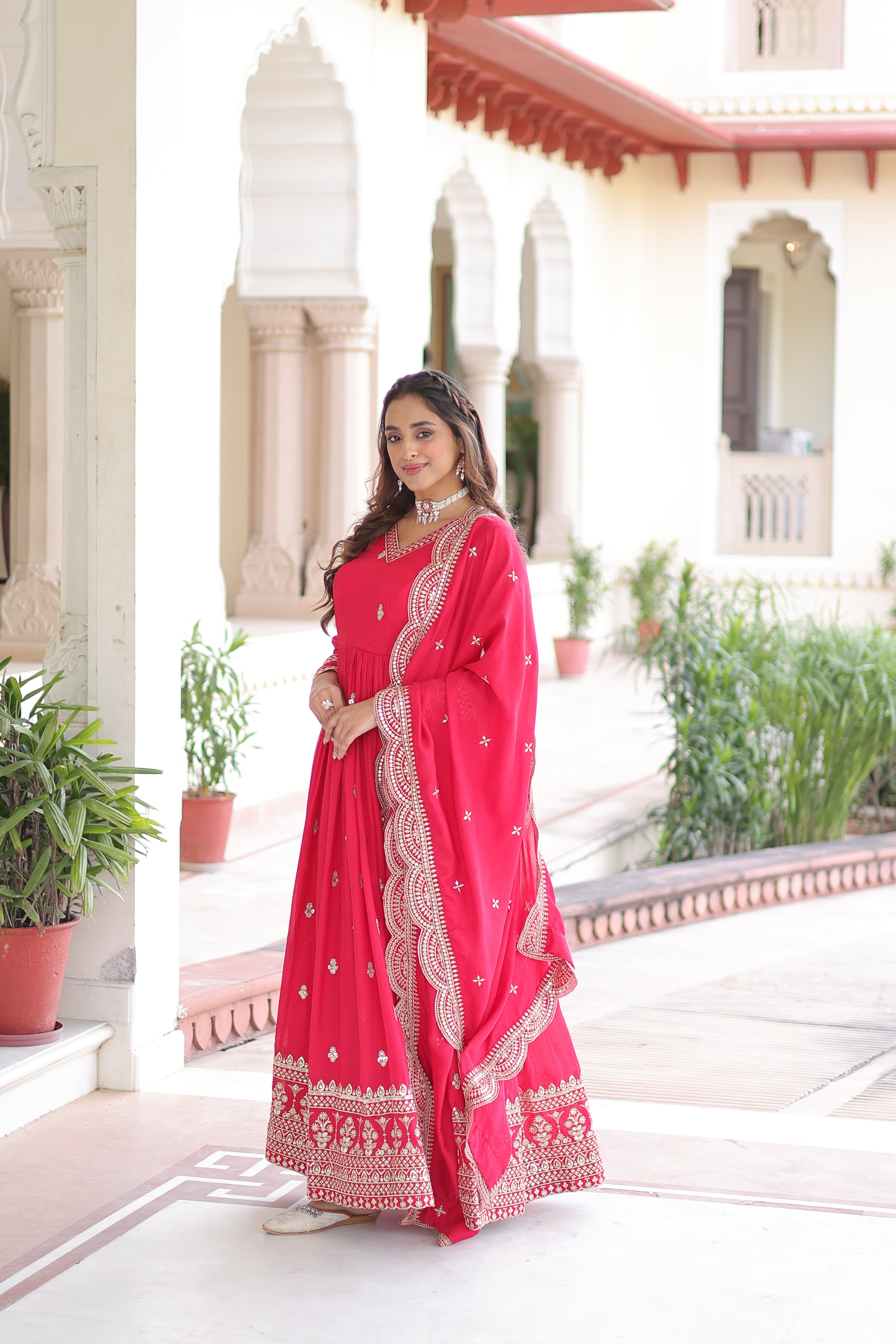 Sivi Pink Vichitra Silk Sequins Zari Embroidered Work Gown With Dupatta