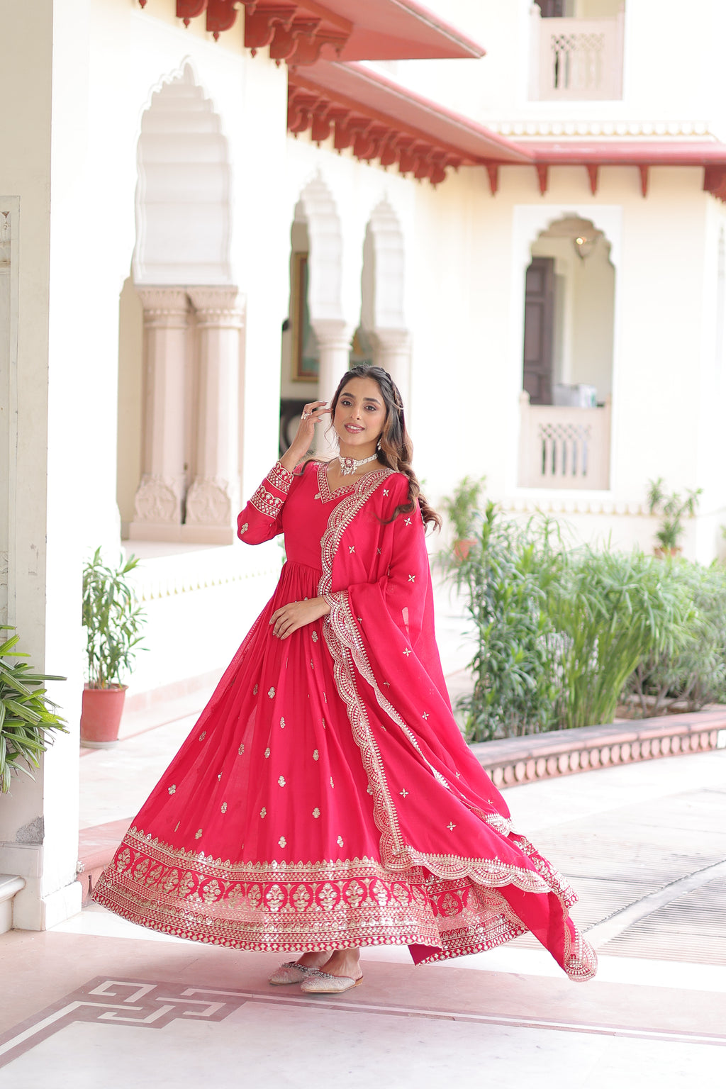Sivi Pink Vichitra Silk Sequins Zari Embroidered Work Gown With Dupatta