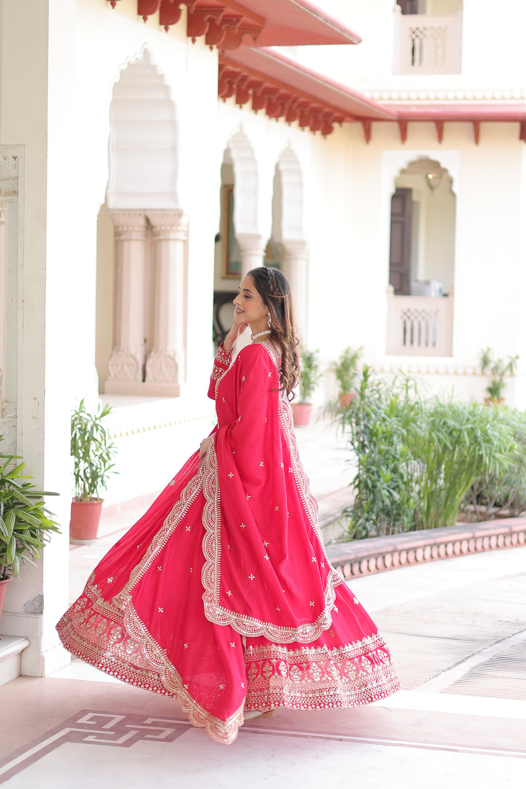 Sivi Pink Vichitra Silk Sequins Zari Embroidered Work Gown With Dupatta