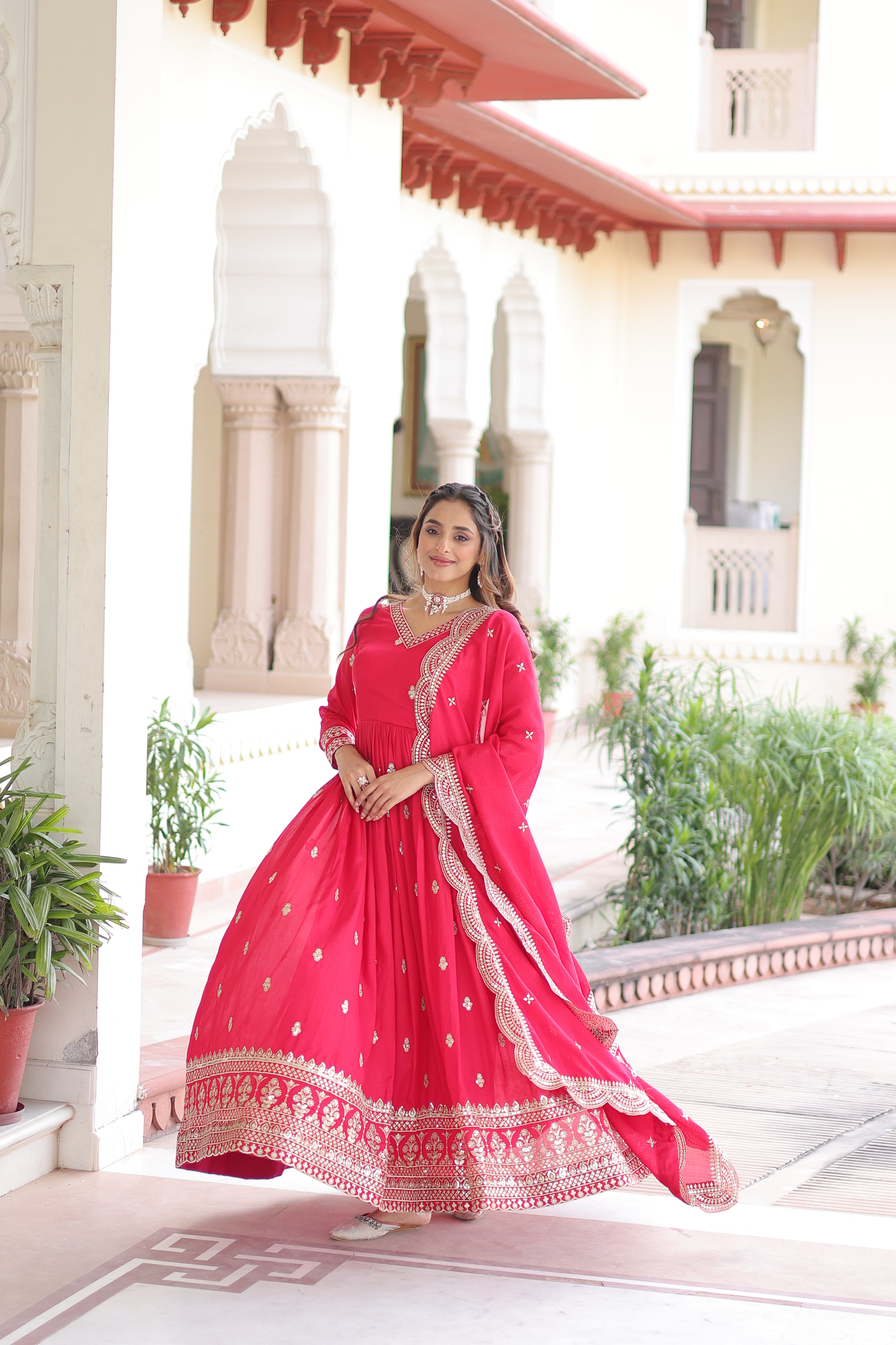 Sivi Pink Vichitra Silk Sequins Zari Embroidered Work Gown With Dupatta