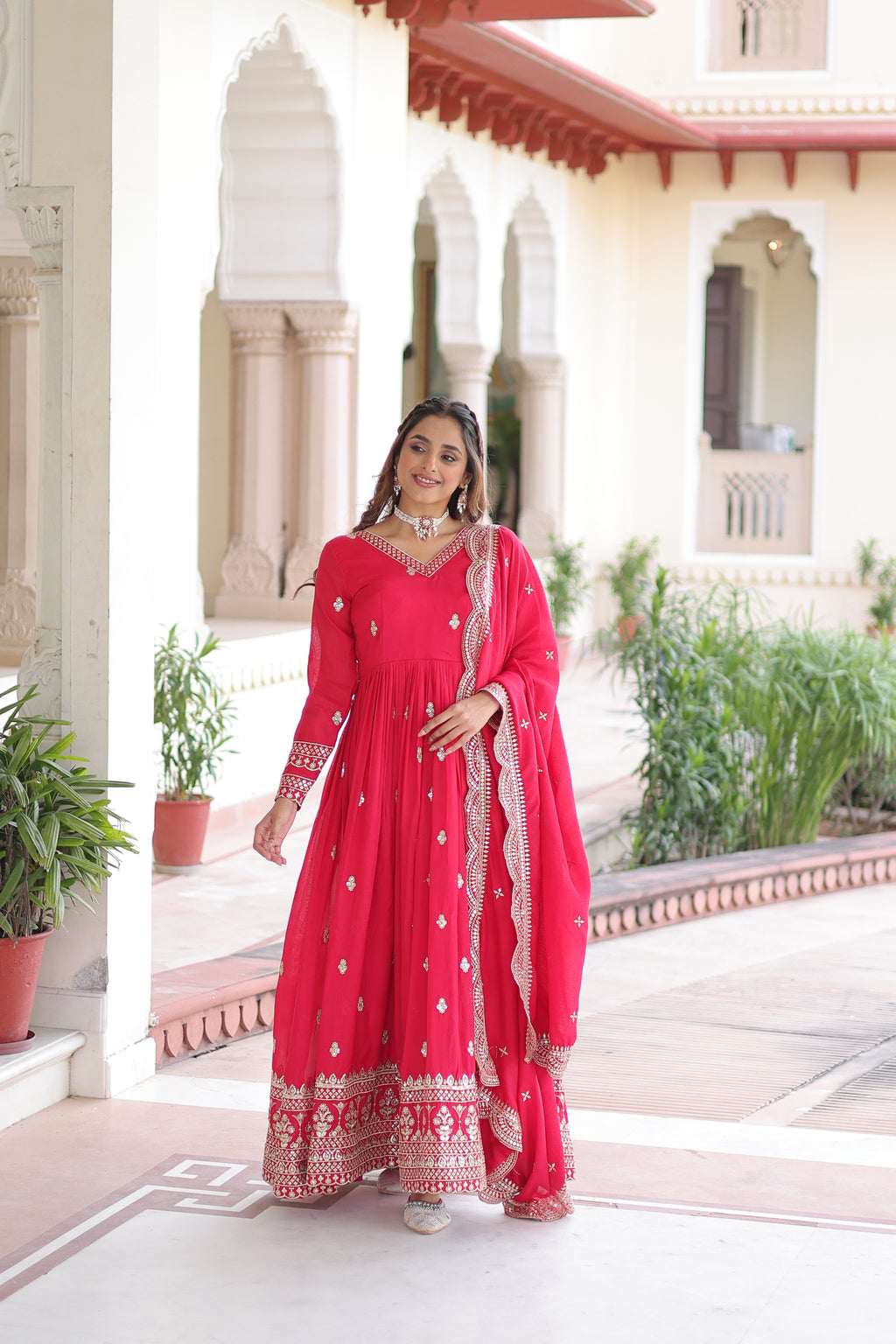 Sivi Pink Vichitra Silk Sequins Zari Embroidered Work Gown With Dupatta