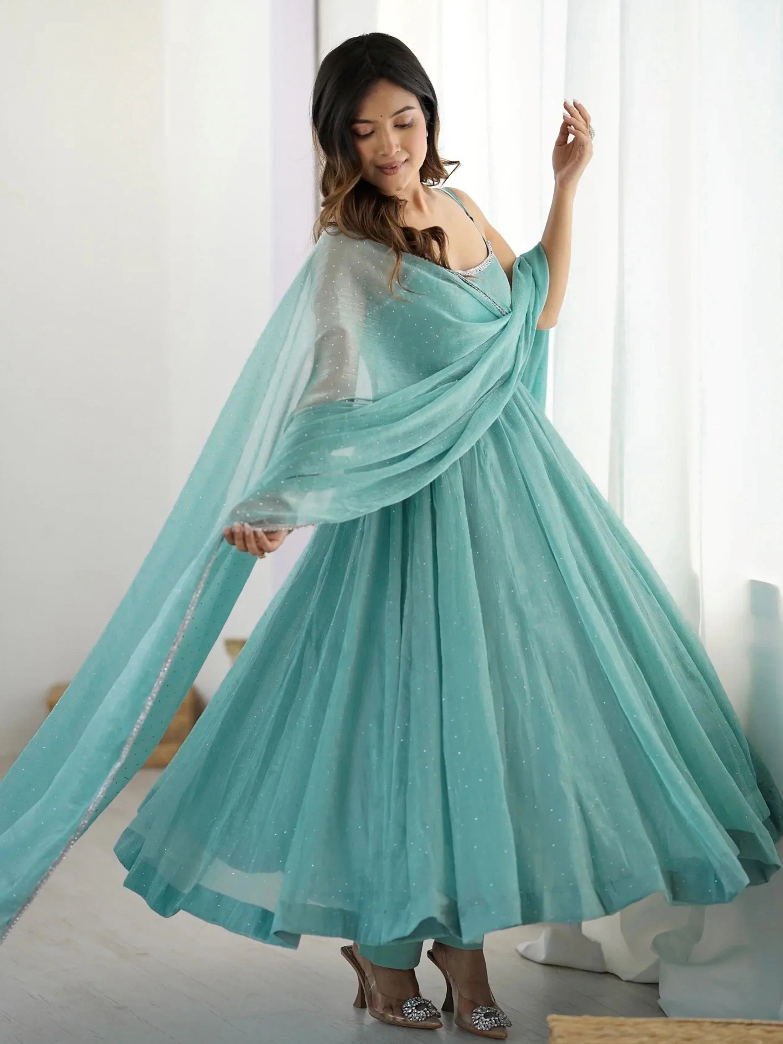 anarkali dress sky blue Sky Blue Embroidered Tissue Anarkali