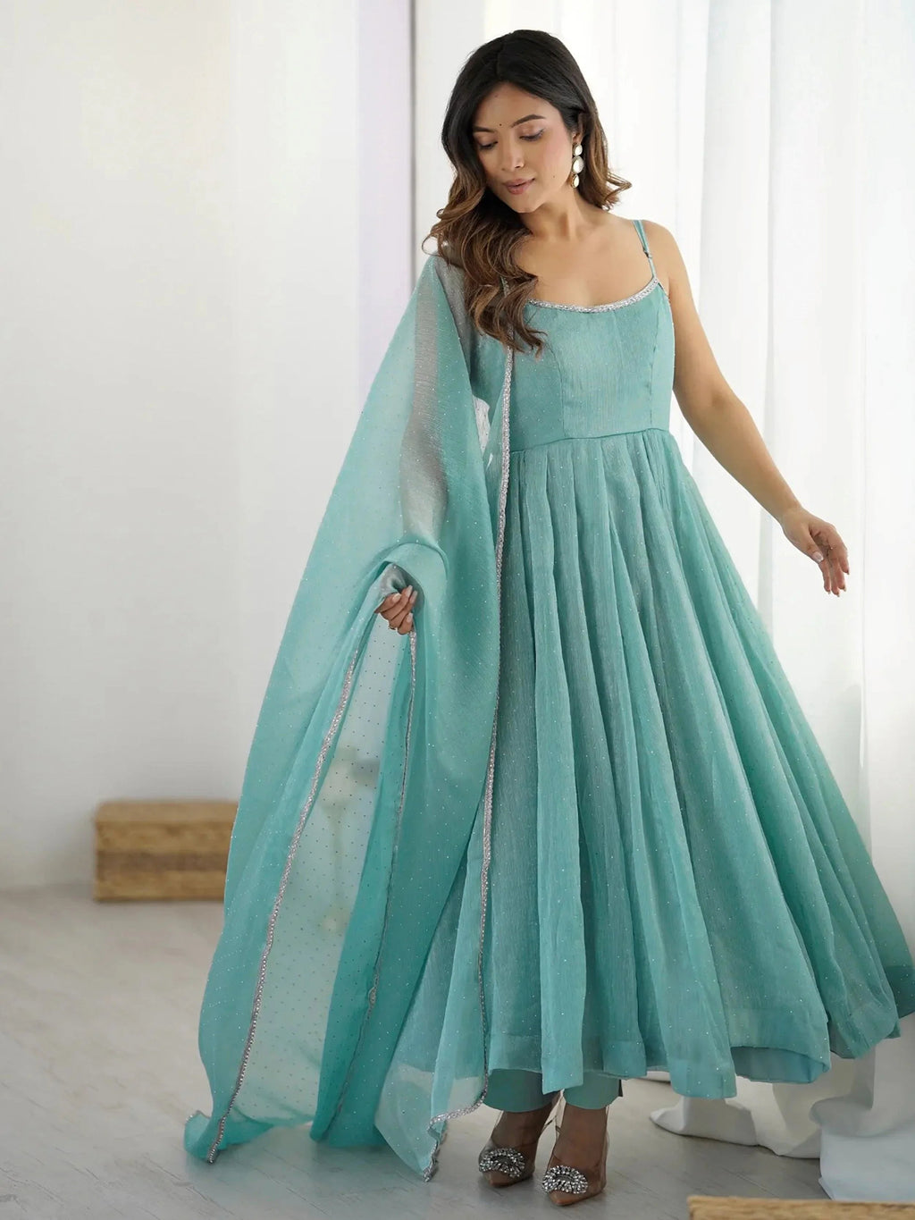 Sky Blue Crunchy Silk Sirozski Embroidered Anarkali Suit with Dupatta