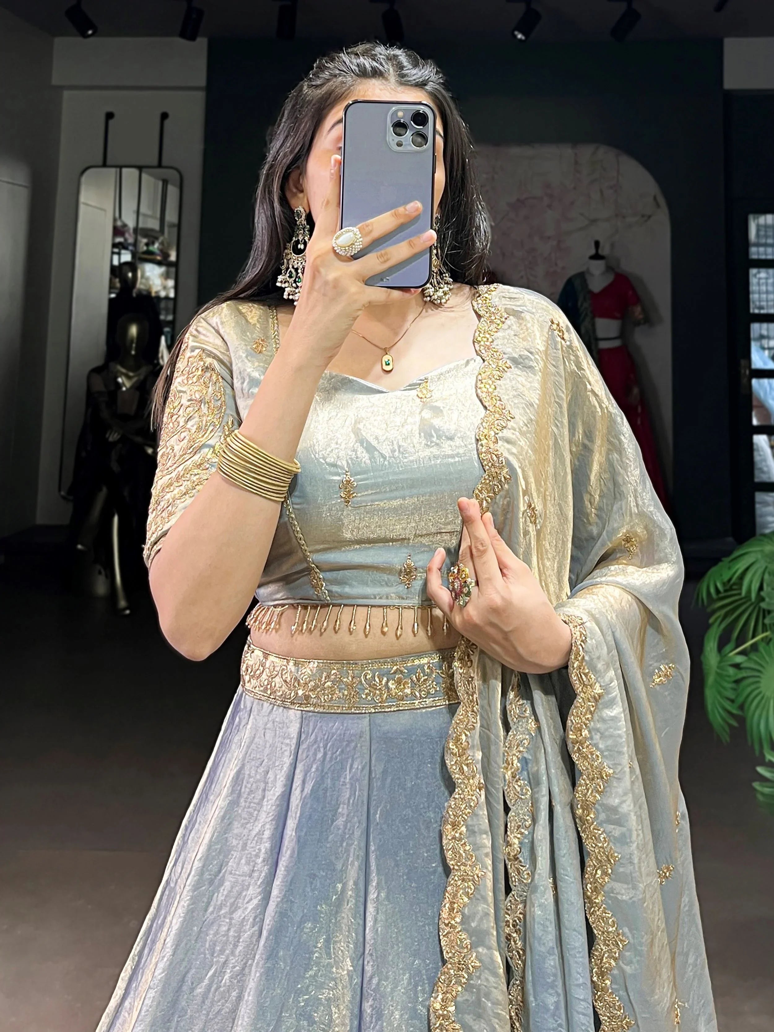 Sky blue fendi embroidered lehenga choli with sequins thread work dupatta