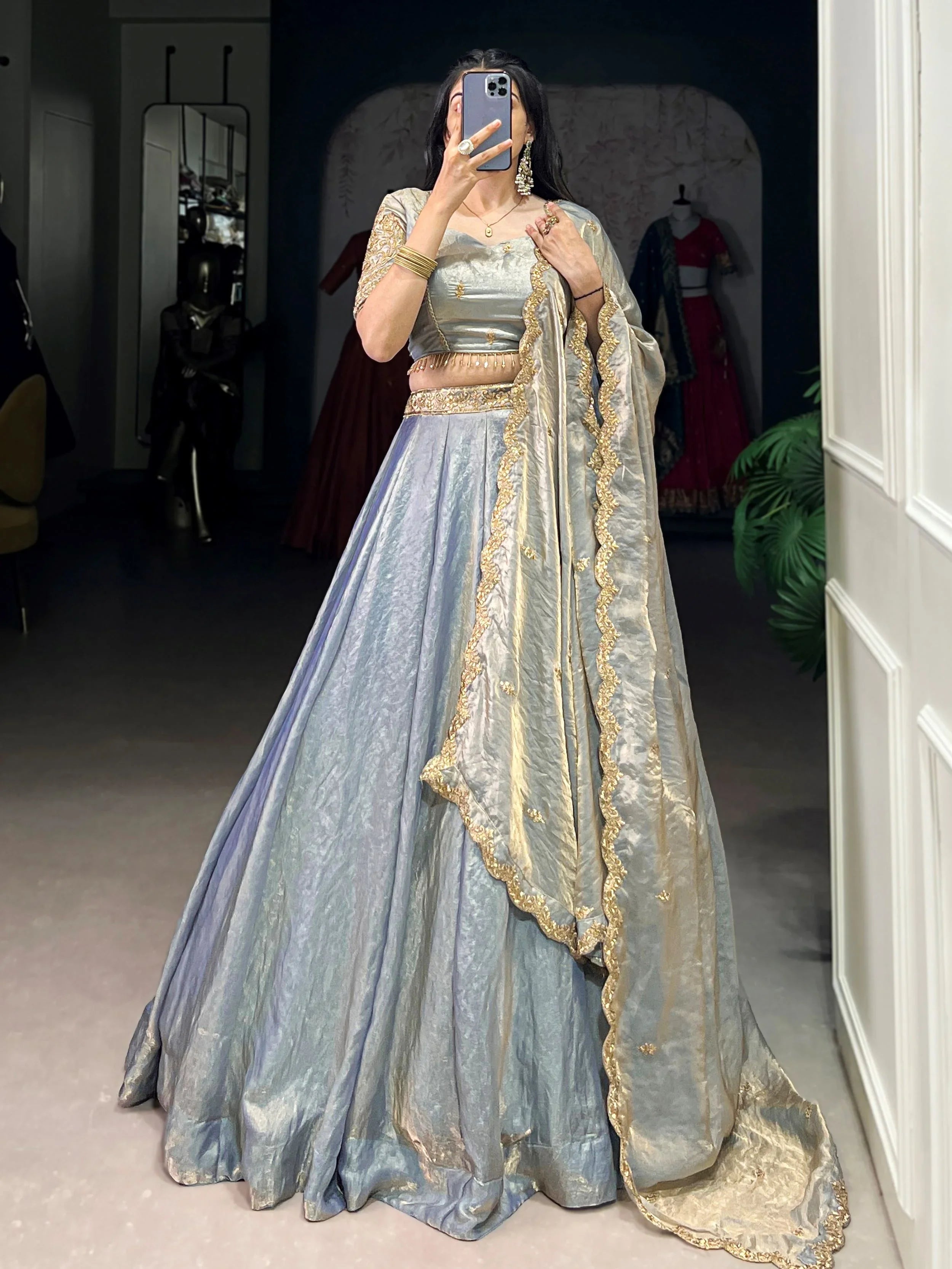Sky blue fendi embroidered lehenga choli with sequins thread work dupatta