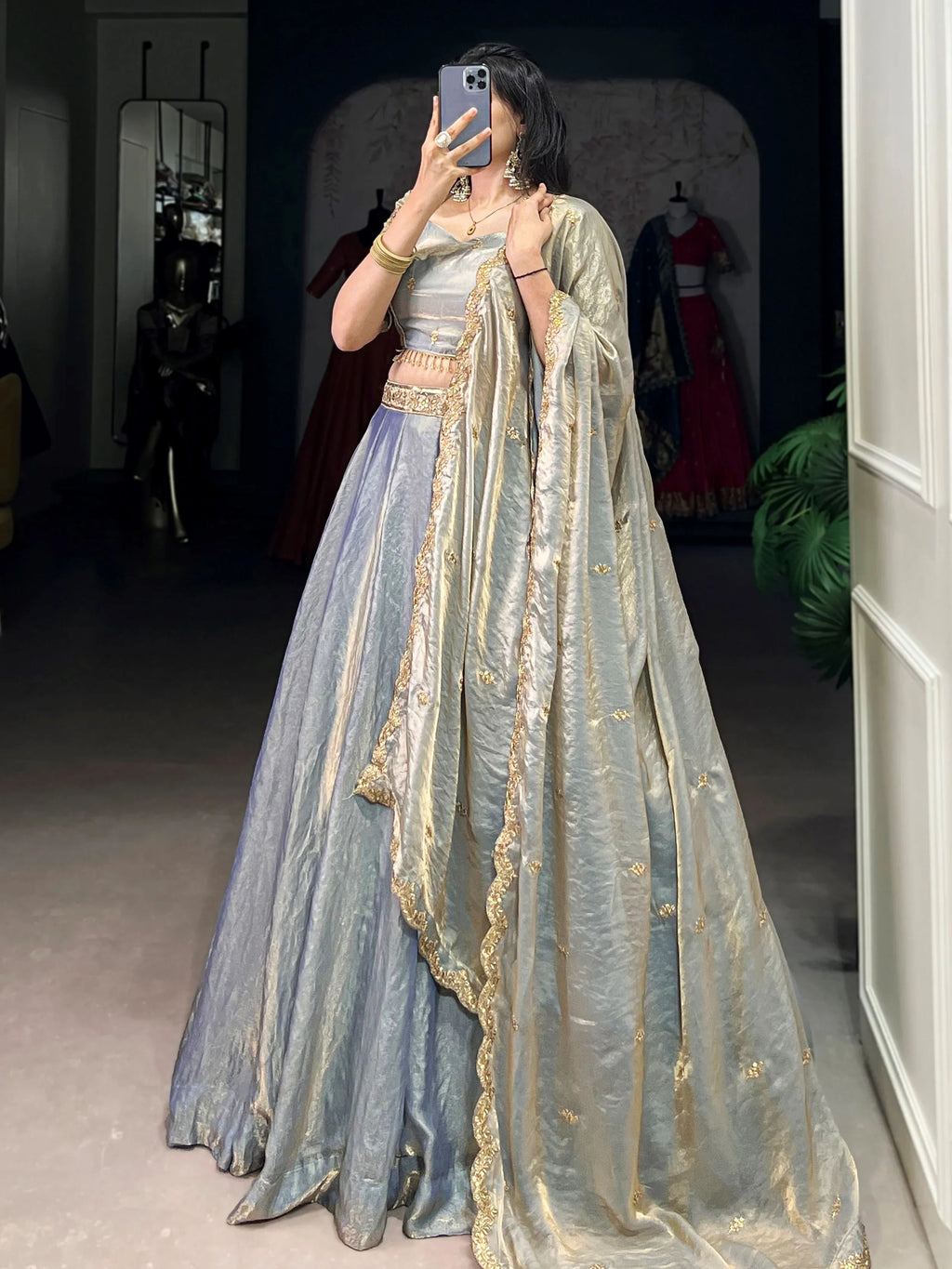 Sky blue fendi embroidered lehenga choli with sequins thread work dupatta