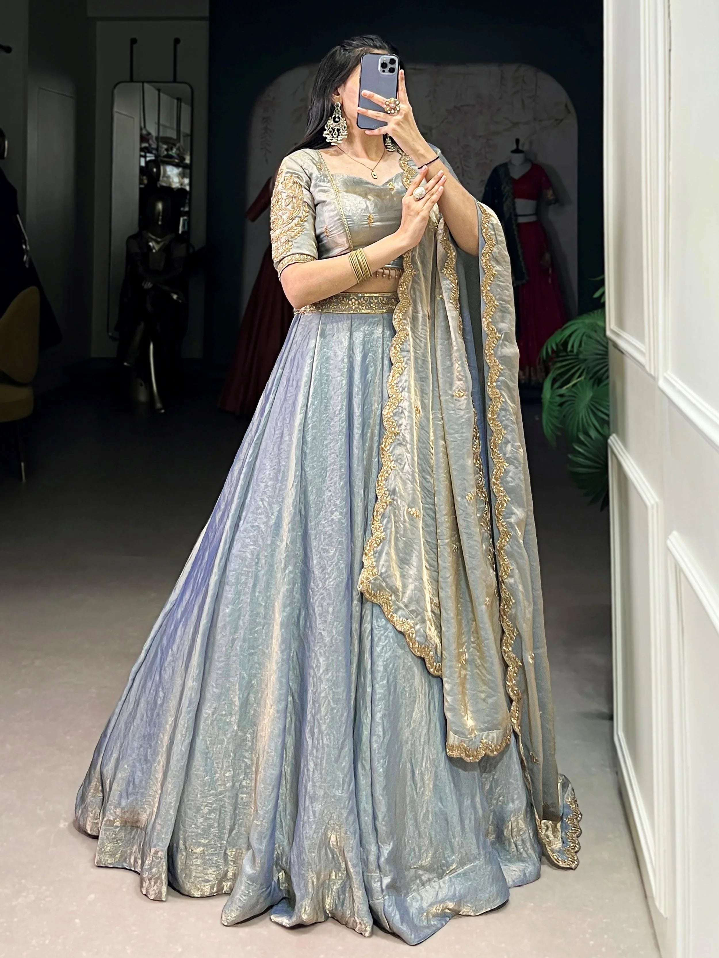 Sky blue fendi embroidered lehenga choli with sequins thread work dupatta
