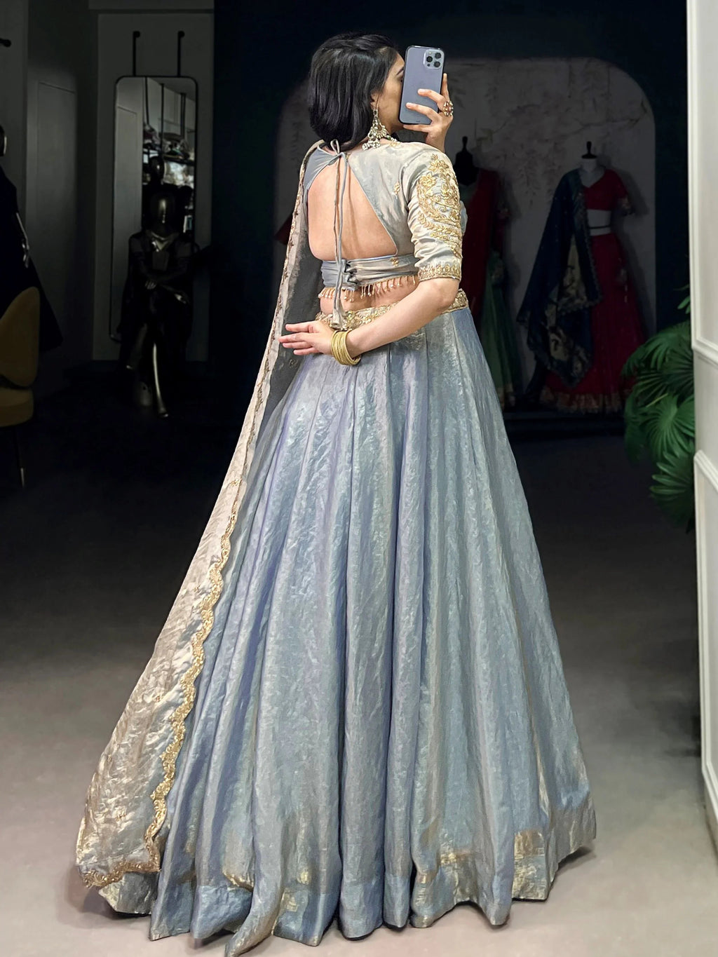 Sky blue fendi embroidered lehenga choli with sequins thread work dupatta