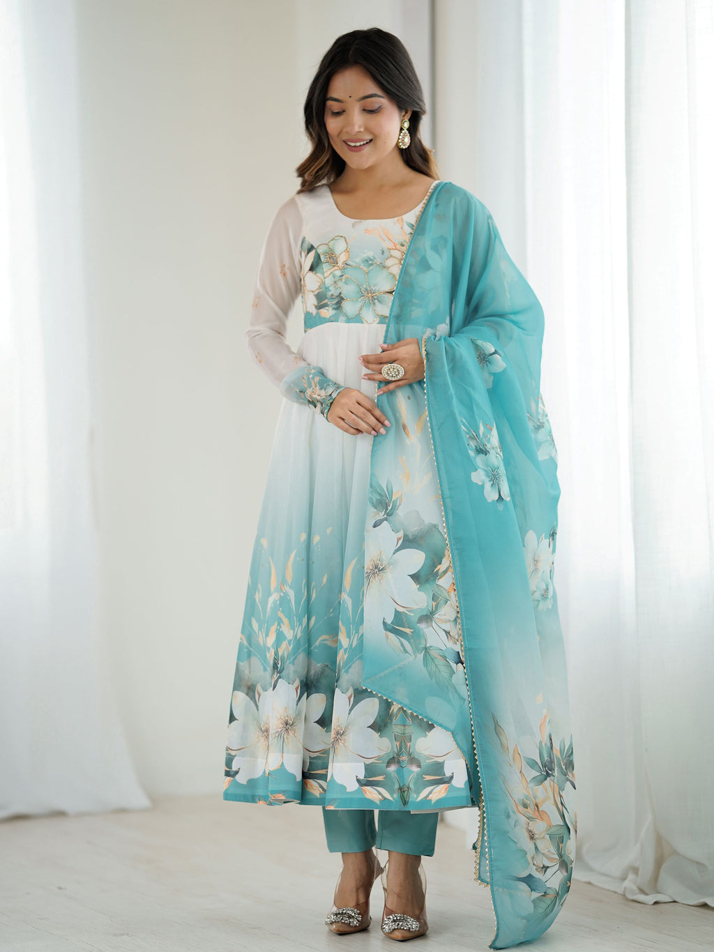 Sky Blue Pure Organza Silk Floral Anarkali Suit Set