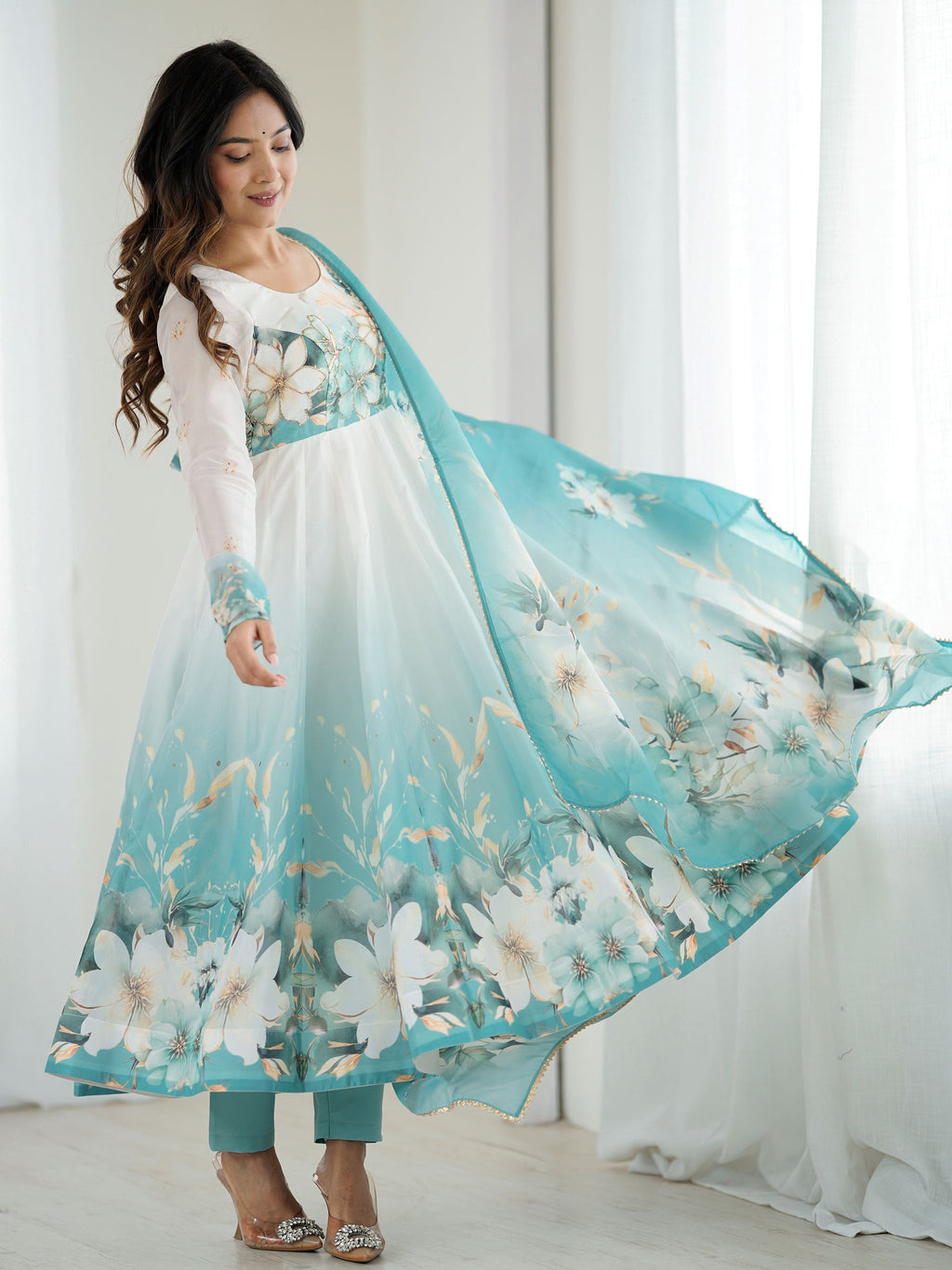 Sky Blue Pure Organza Silk Floral Anarkali Suit Set